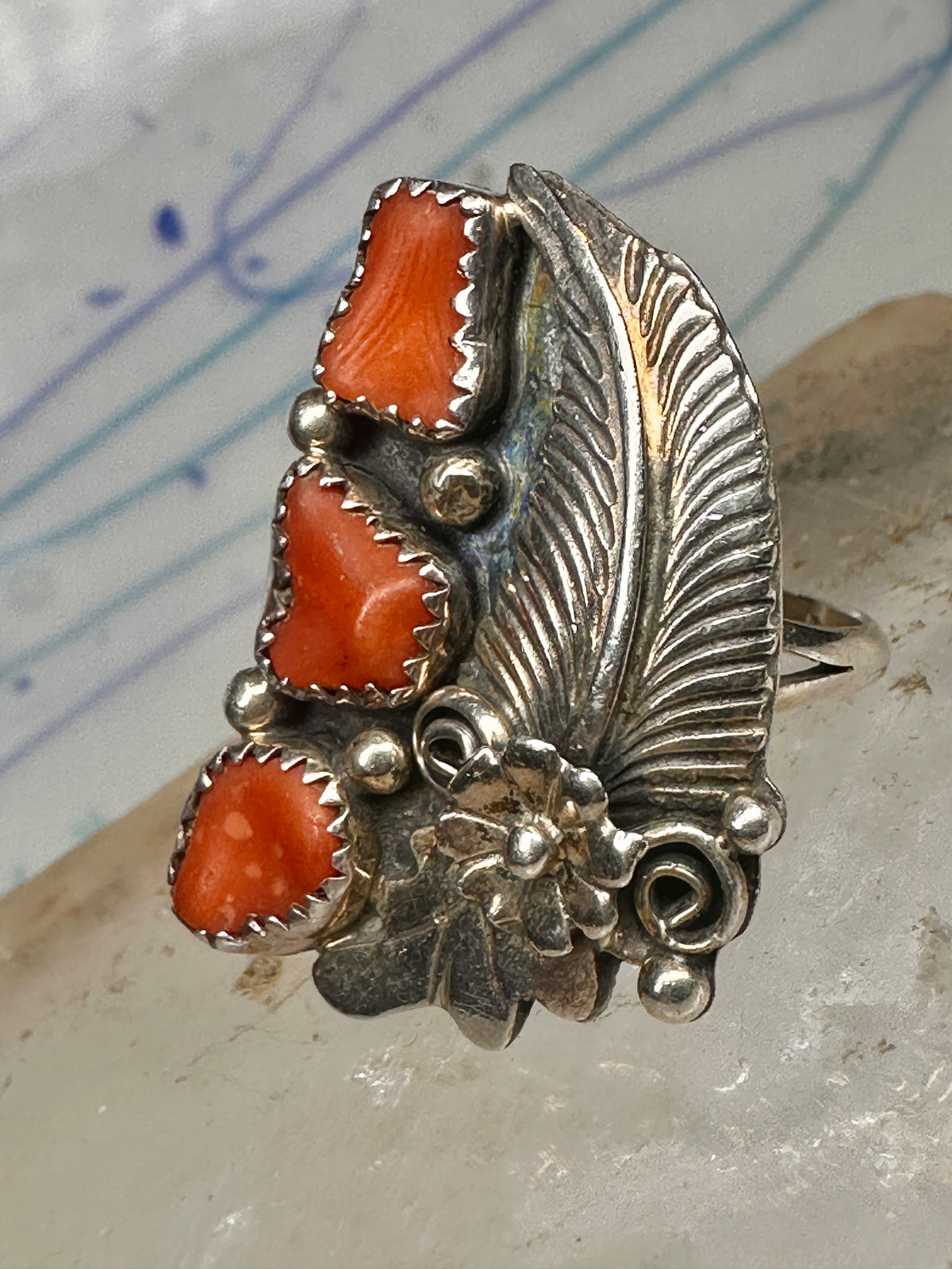 Vintage Sterling Silver Signed D Daniel Benally Navajo Red Coral Flower Ring Size 6.50 925