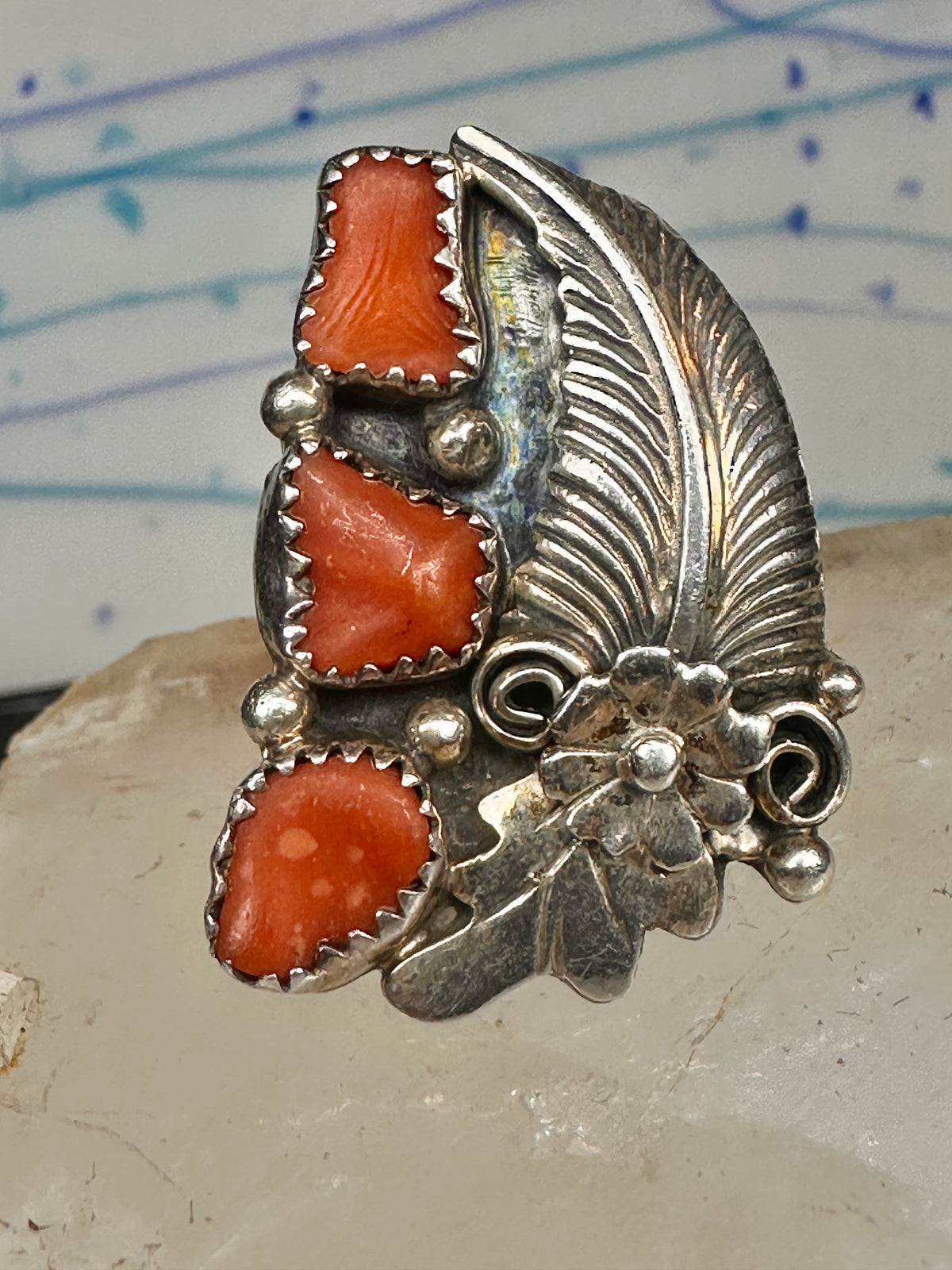 Vintage Sterling Silver Signed D Daniel Benally Navajo Red Coral Flower Ring Size 6.50 925