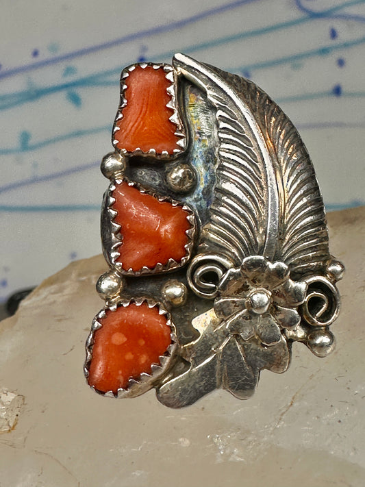 Vintage Sterling Silver Signed D Daniel Benally Navajo Red Coral Flower Ring Size 6.50 925