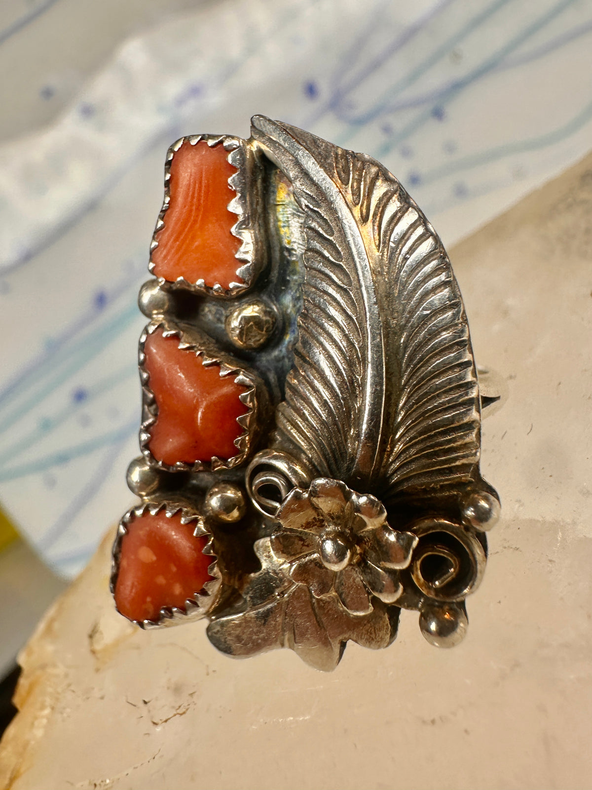 Vintage Sterling Silver Signed D Daniel Benally Navajo Red Coral Flower Ring Size 6.50 925