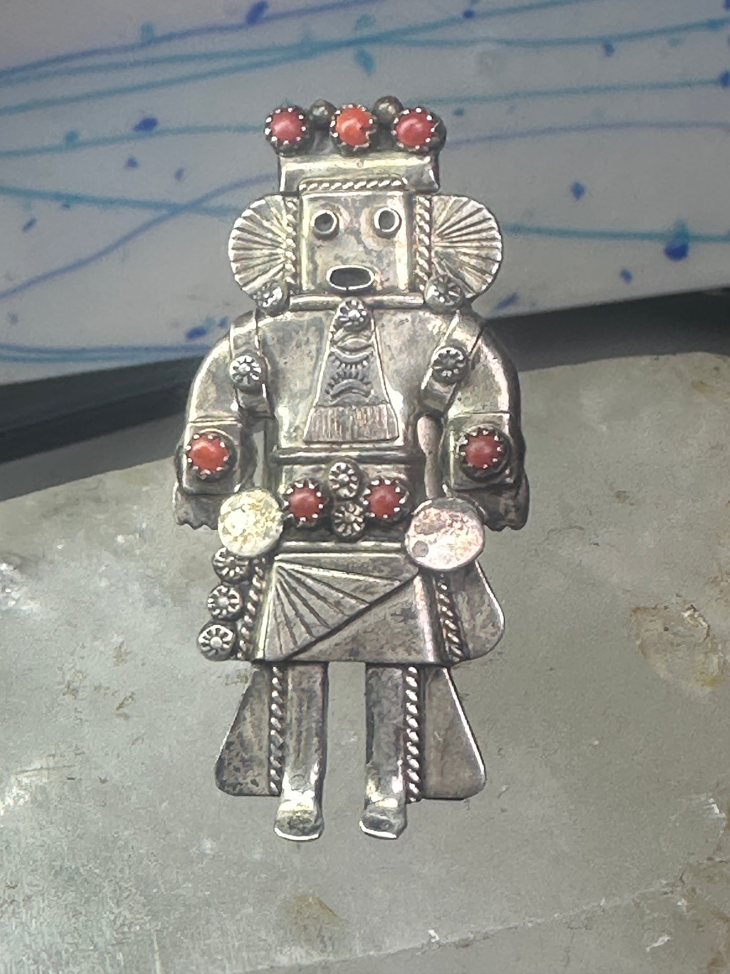 Navajo Ring Long Kachina coral size 9 sterling silver women