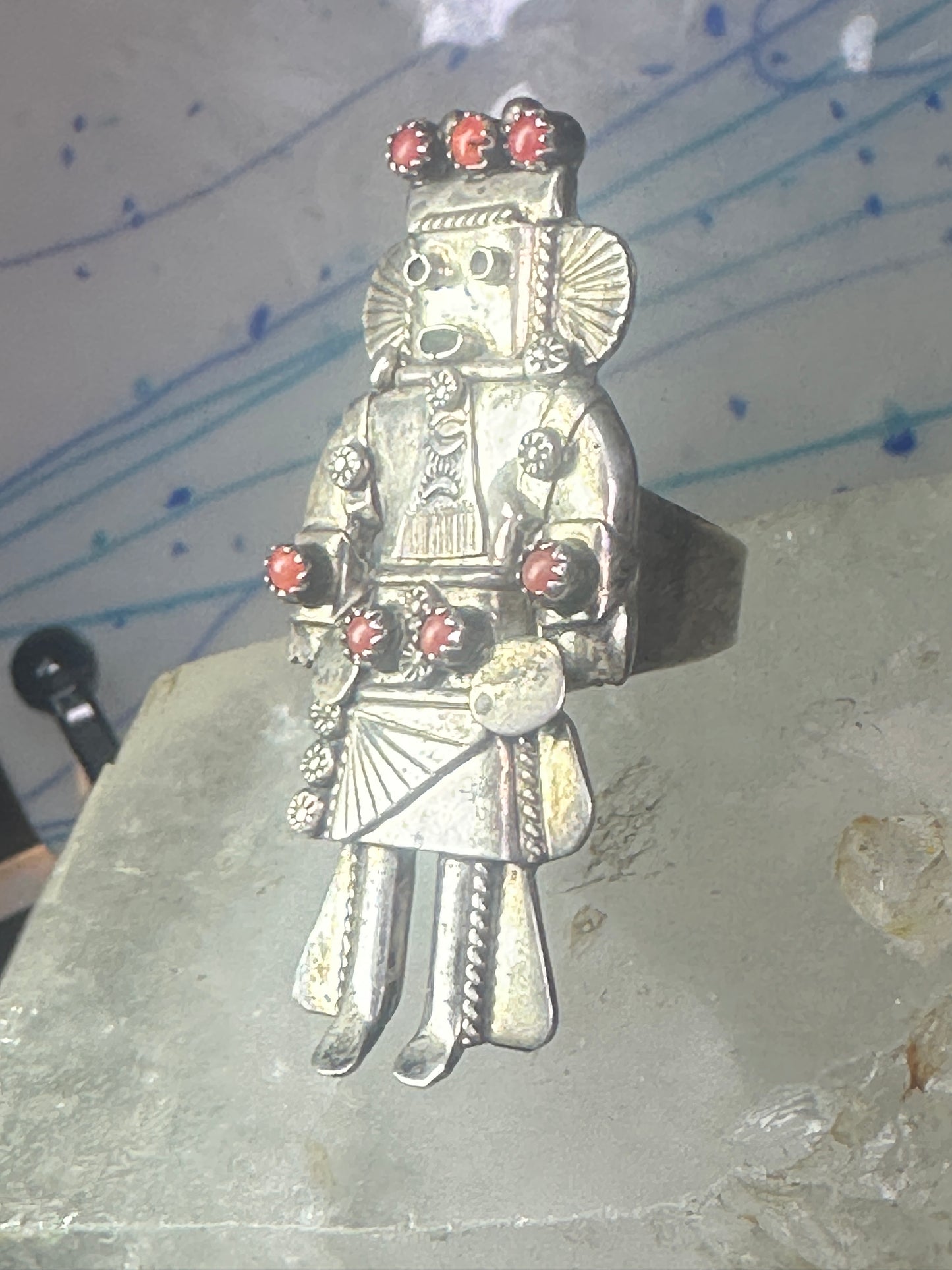 Navajo Ring Long Kachina coral size 9 sterling silver women