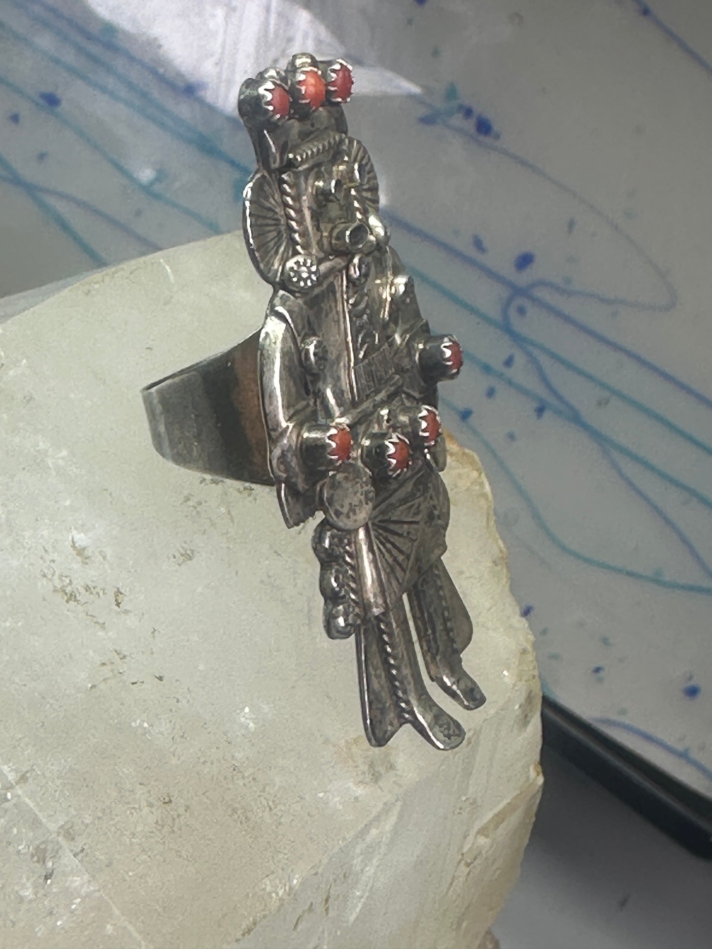 Navajo Ring Long Kachina coral size 9 sterling silver women