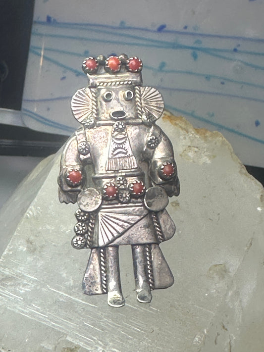 Navajo Ring Long Kachina coral size 9 sterling silver women