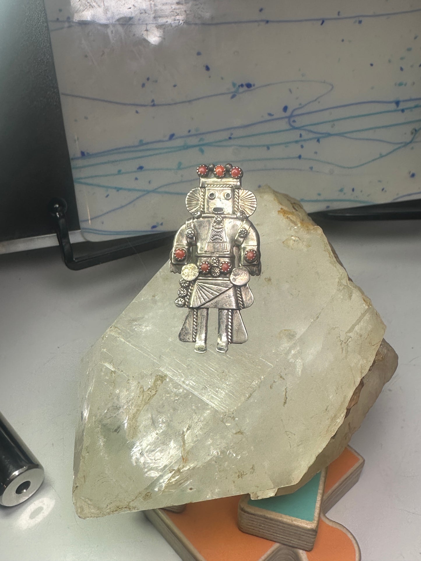 Navajo Ring Long Kachina coral size 9 sterling silver women