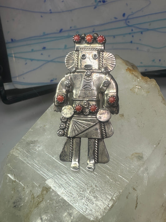 Navajo Ring Long Kachina coral size 9 sterling silver women