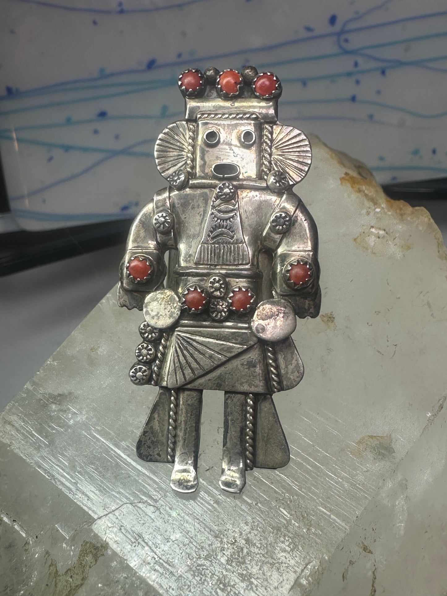 Navajo Ring Long Kachina coral size 9 sterling silver women