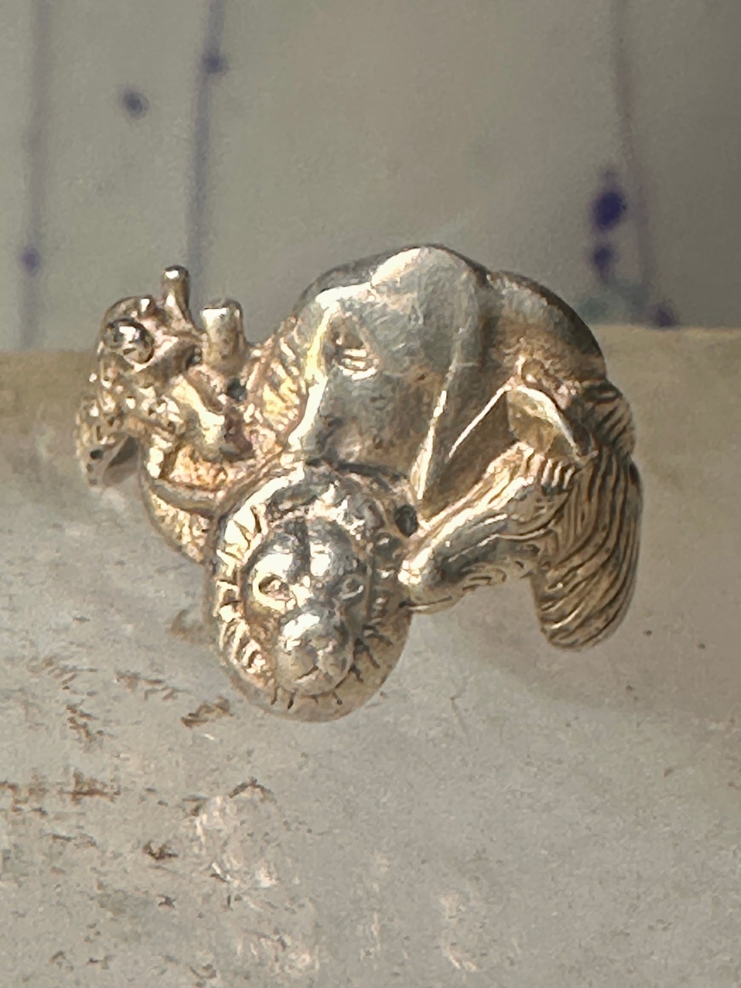 Vintage Safari ring Elephant Zebra Giraffe Lion band size 6.5 sterling silver women