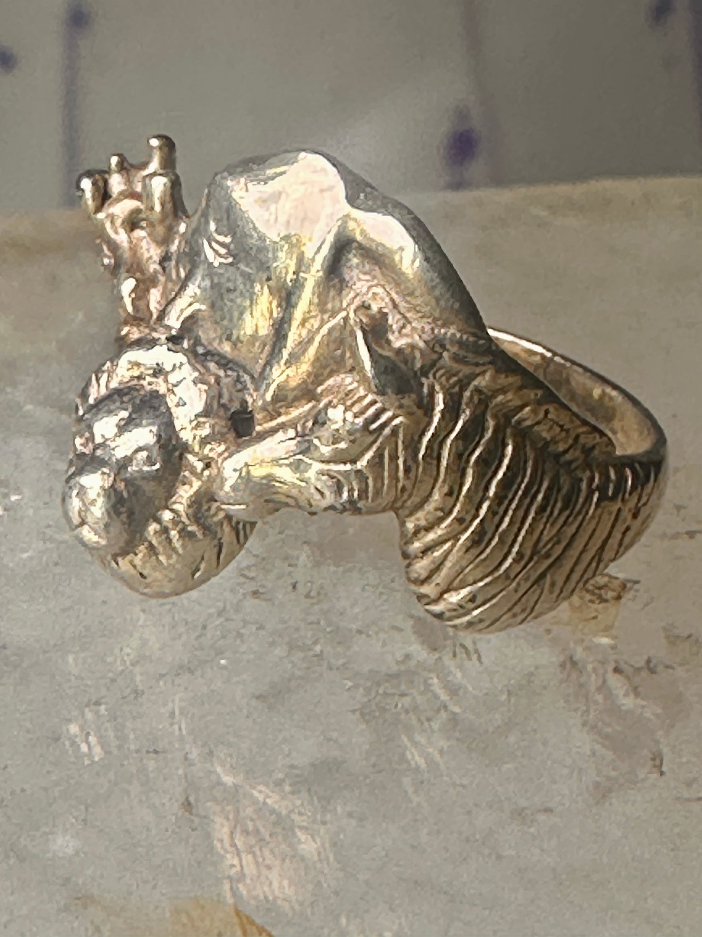 Vintage Safari ring Elephant Zebra Giraffe Lion band size 6.5 sterling silver women