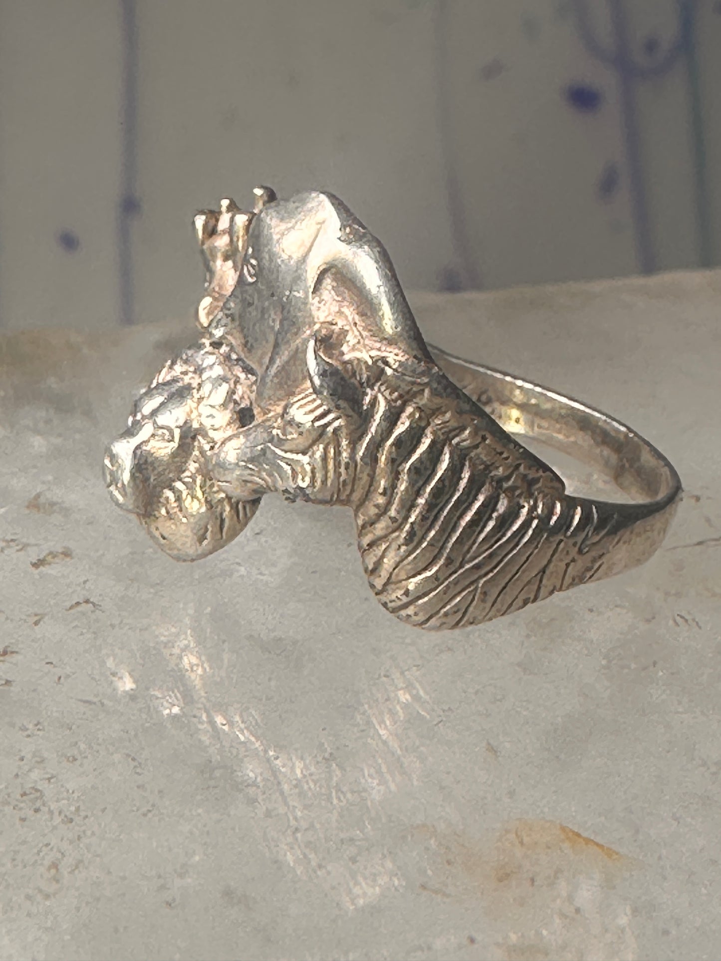 Vintage Safari ring Elephant Zebra Giraffe Lion band size 6.5 sterling silver women