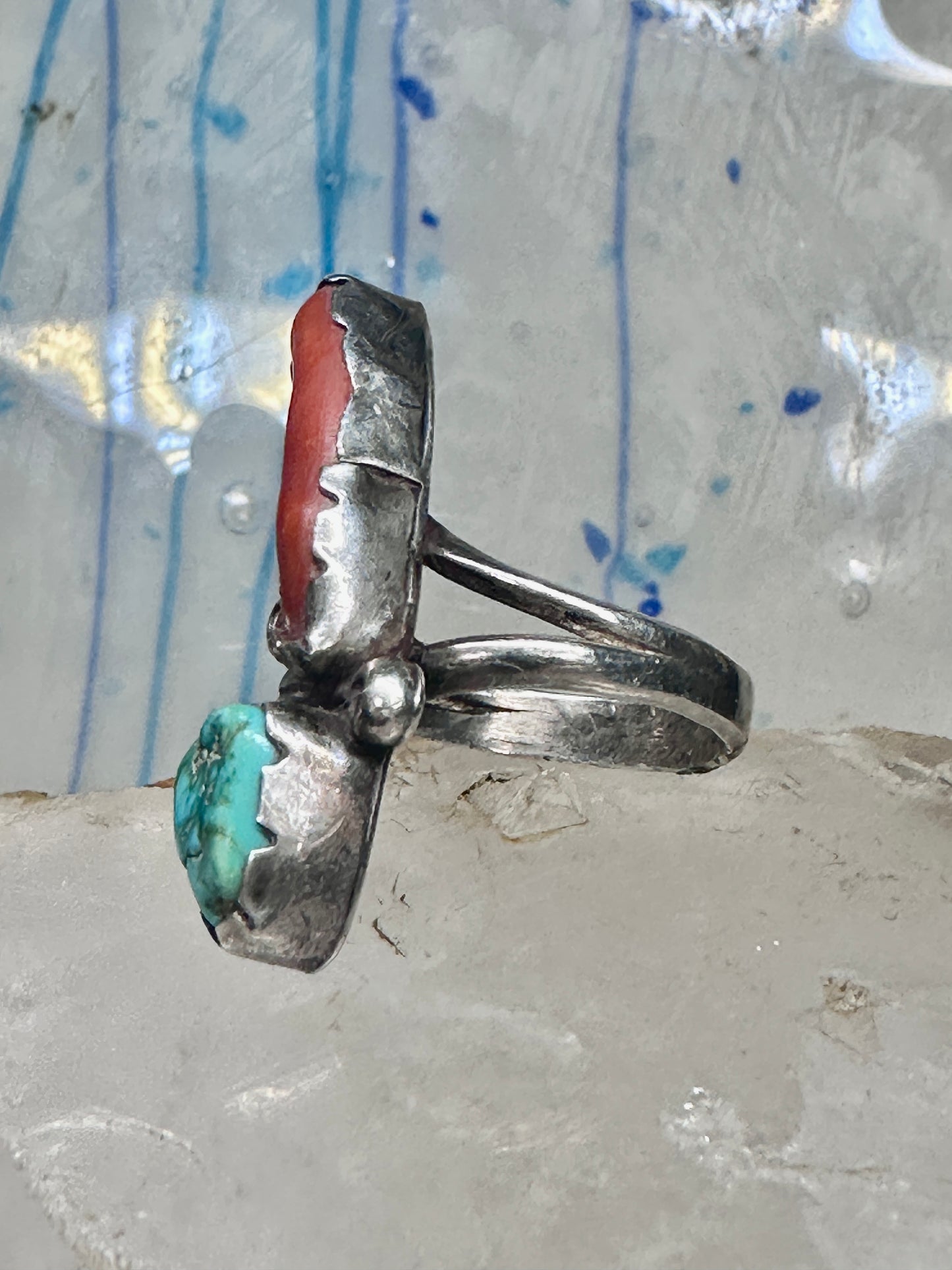 Long Navajo ring turquoise coral size 7 sterling silver women
