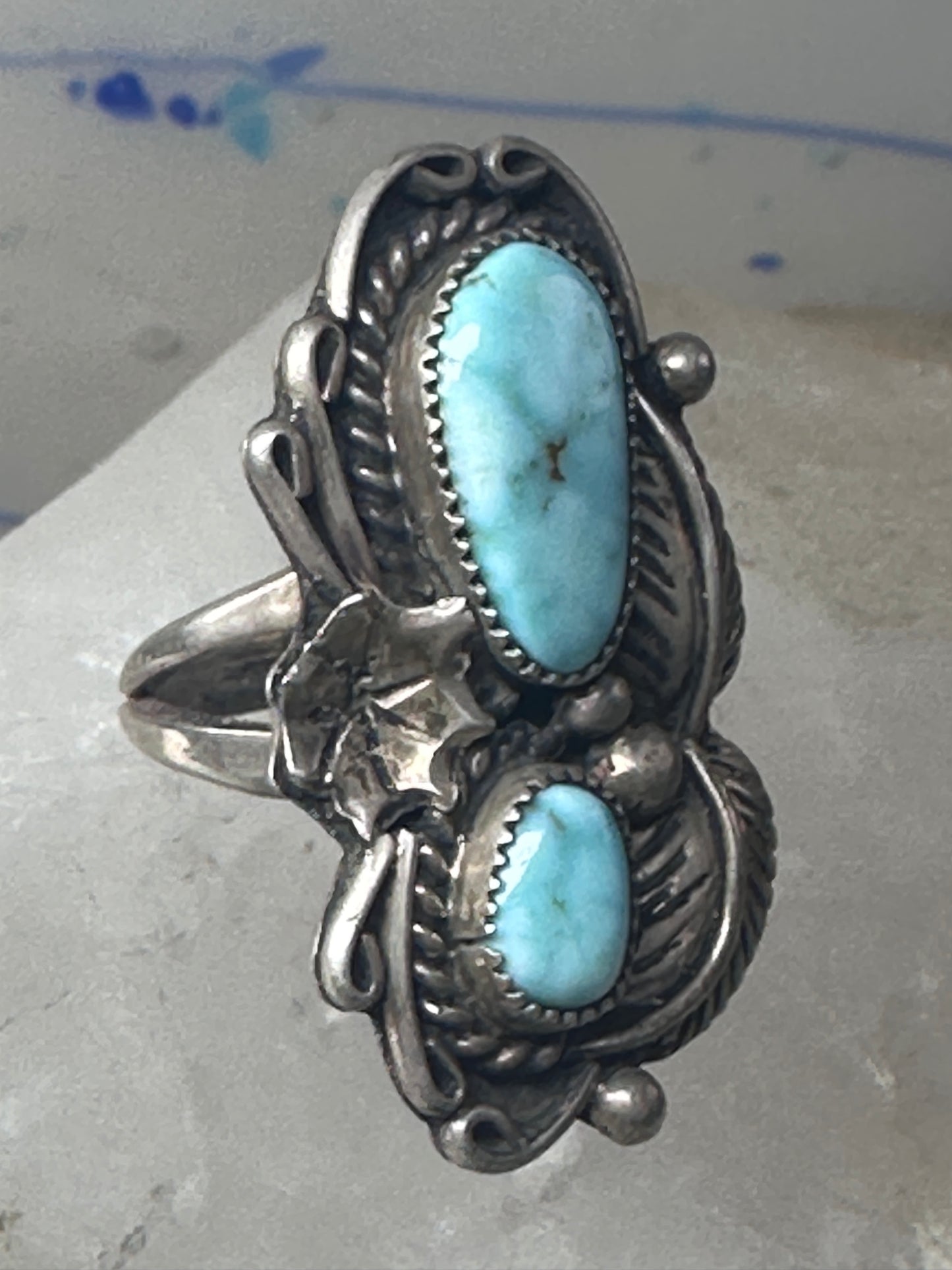 Navajo ring Turquoise leaves squash blossom sterling silver size 5.50 women girls