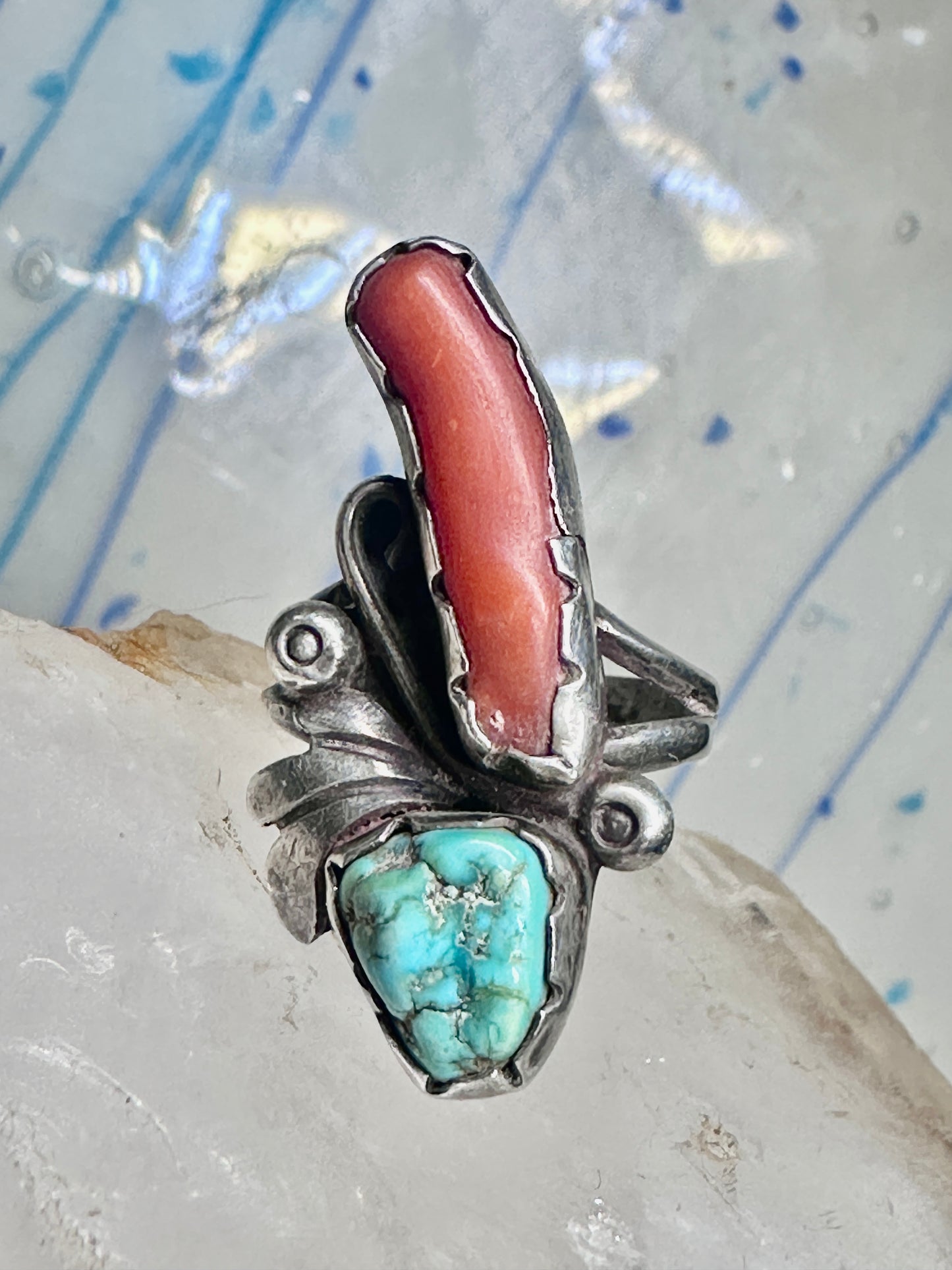 Long Navajo ring turquoise coral size 7 sterling silver women