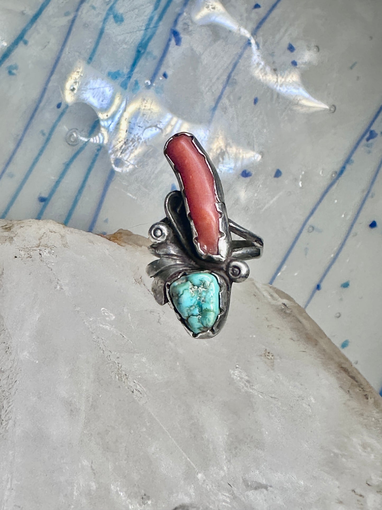 Long Navajo ring turquoise coral size 7 sterling silver women