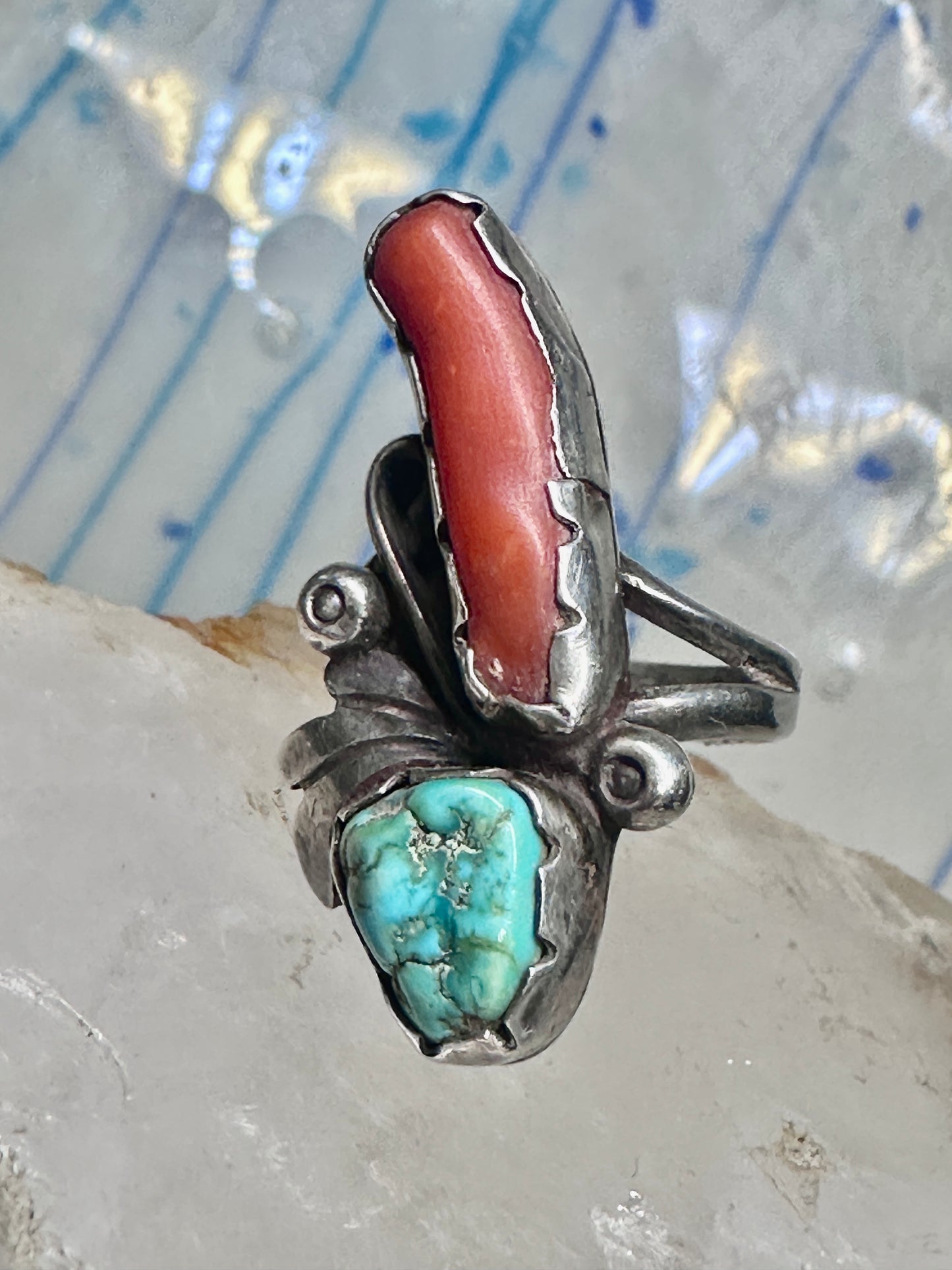 Long Navajo ring turquoise coral size 7 sterling silver women