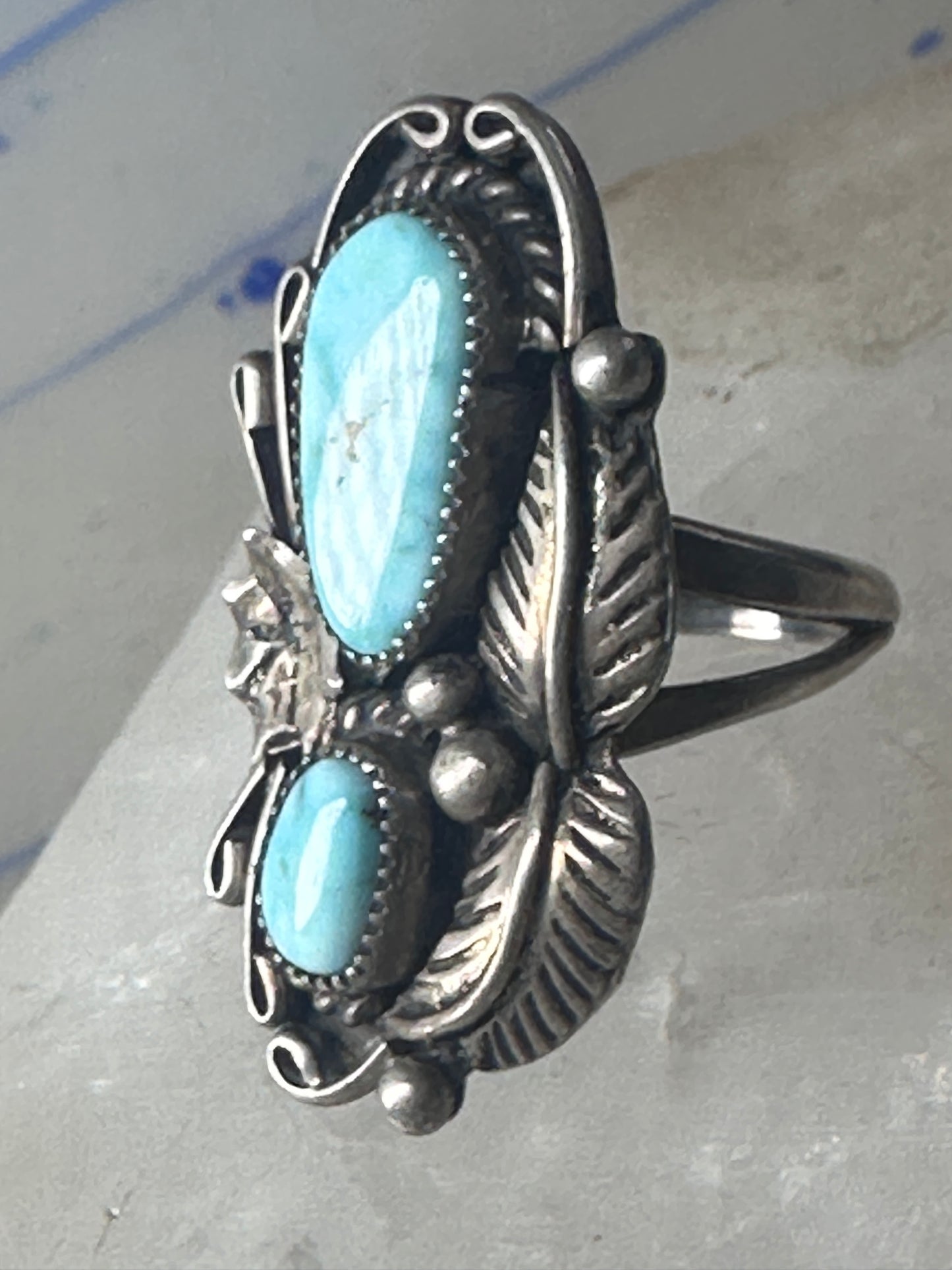 Navajo ring Turquoise leaves squash blossom sterling silver size 5.50 women girls