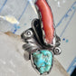 Long Navajo ring turquoise coral size 7 sterling silver women
