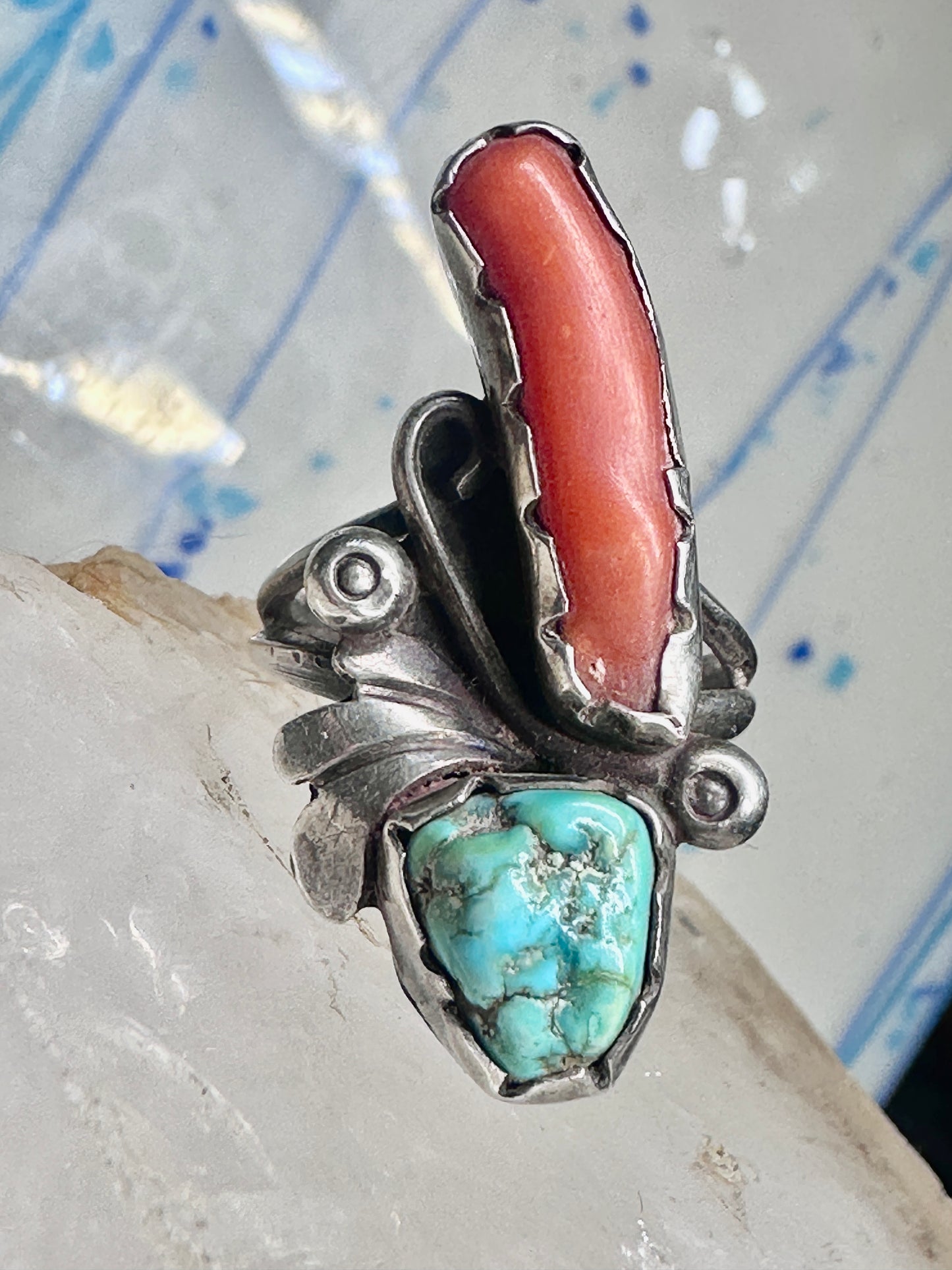 Long Navajo ring turquoise coral size 7 sterling silver women