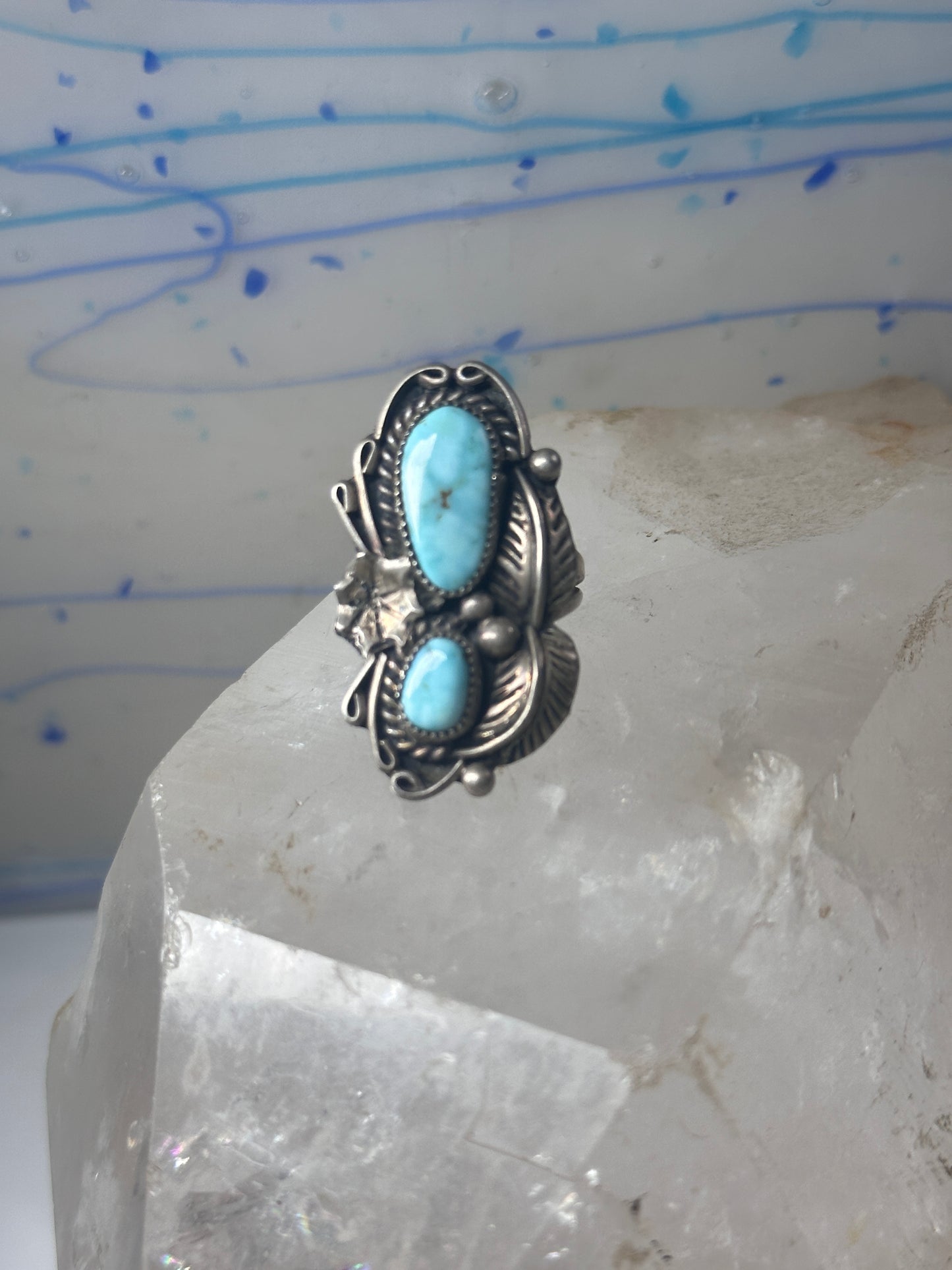 Navajo ring Turquoise leaves squash blossom sterling silver size 5.50 women girls