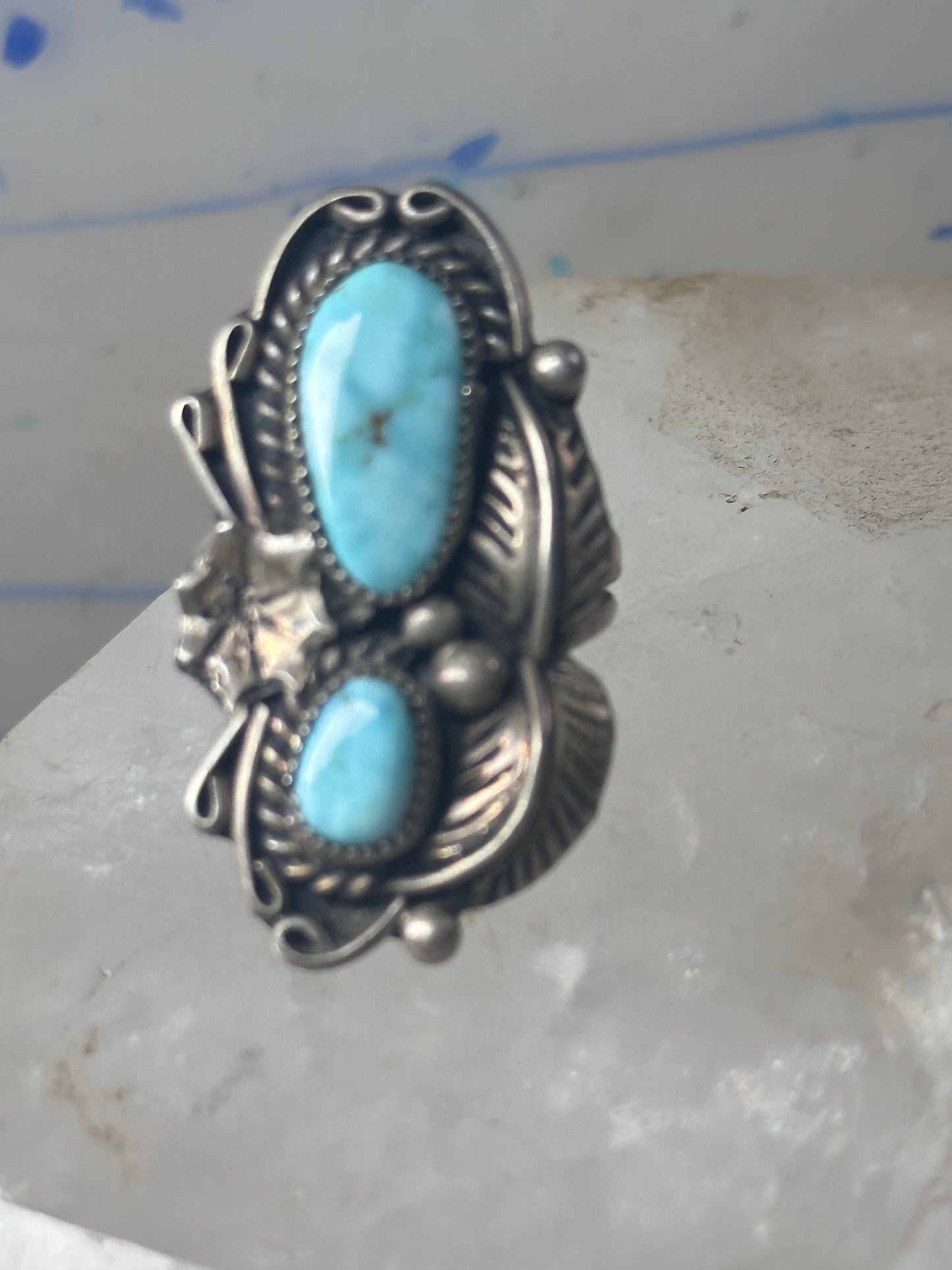 Navajo ring Turquoise leaves squash blossom sterling silver size 5.50 women girls