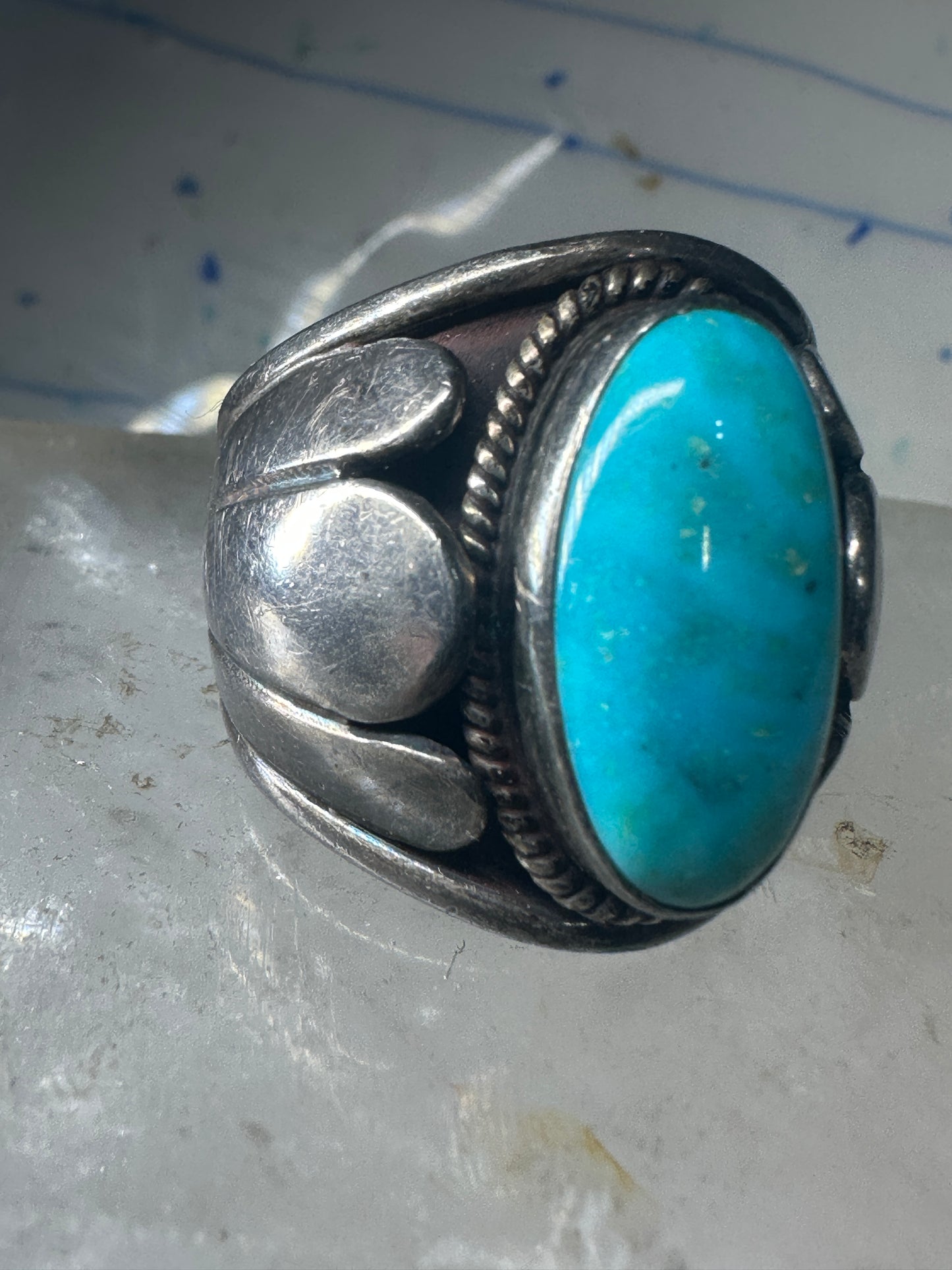 Turquoise ring Navajo Size 11.75 scalloped edge Sterling Silver women men