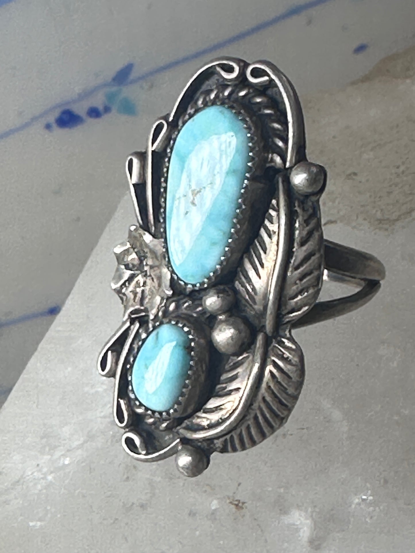 Navajo ring Turquoise leaves squash blossom sterling silver size 5.50 women girls