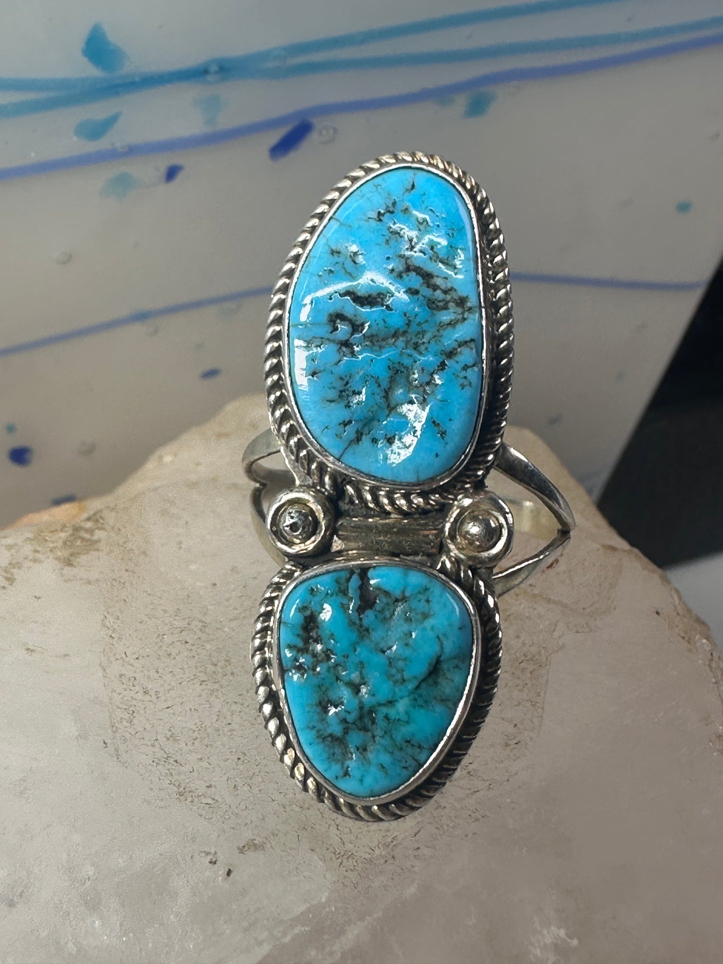 Long Navajo ring Turquoise rope design sterling silver size 8.25 women