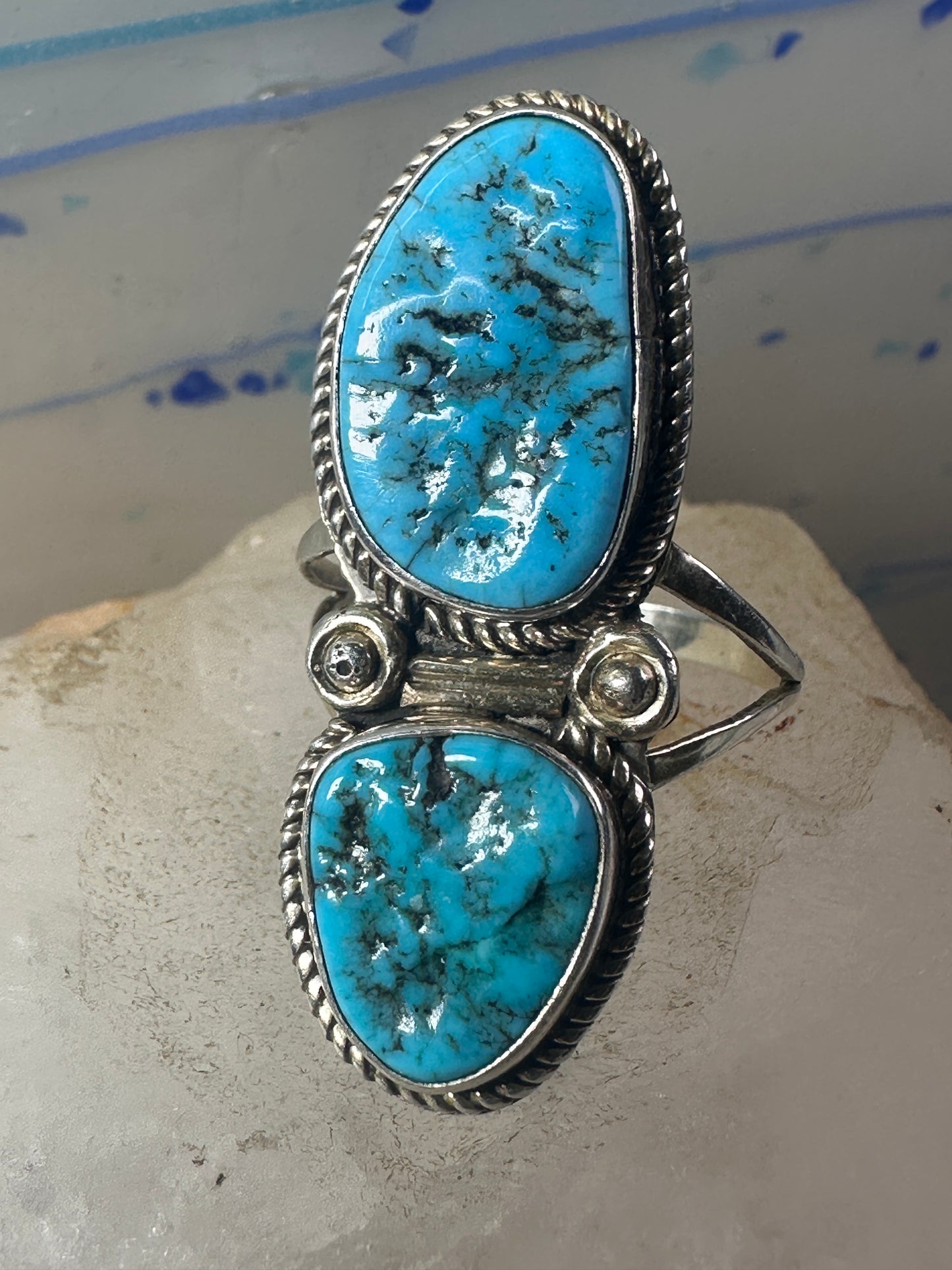 Long Navajo ring Turquoise rope design sterling silver size 8.25 women