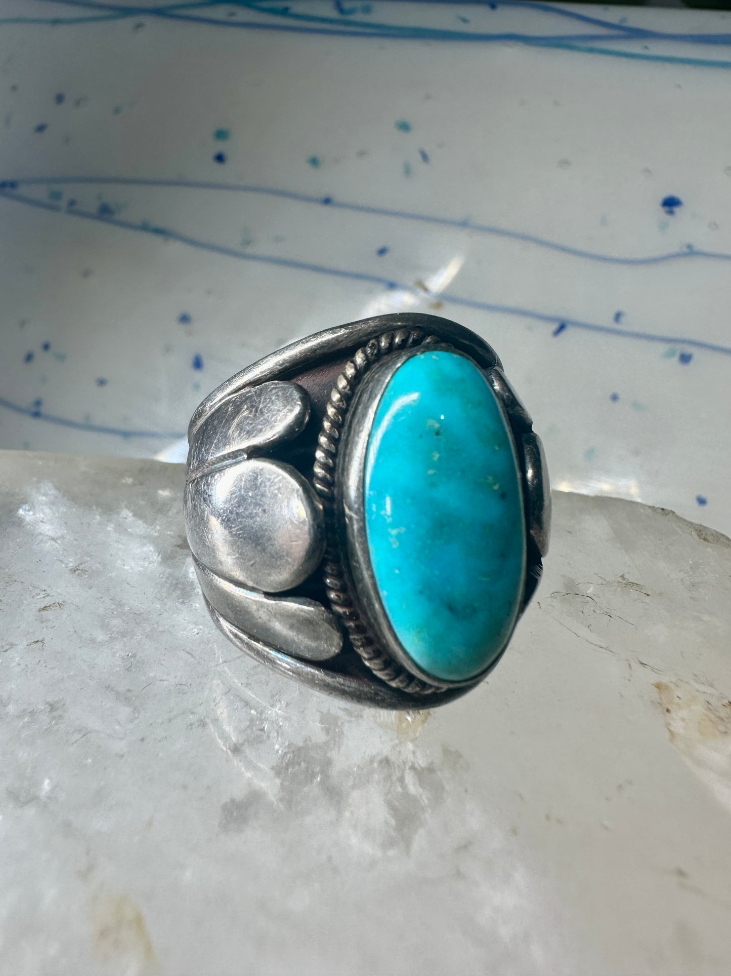 Turquoise ring Navajo Size 11.75 scalloped edge Sterling Silver women men