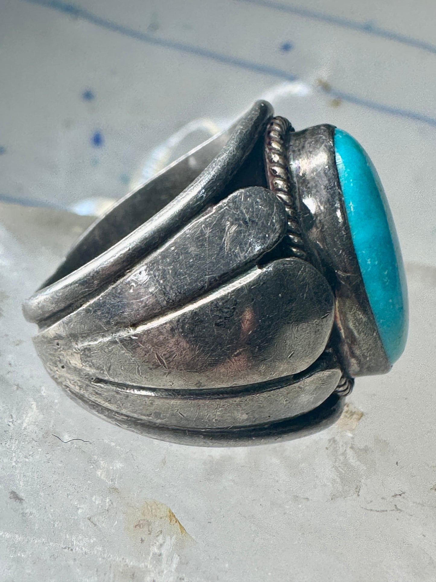 Turquoise ring Navajo Size 11.75 scalloped edge Sterling Silver women men