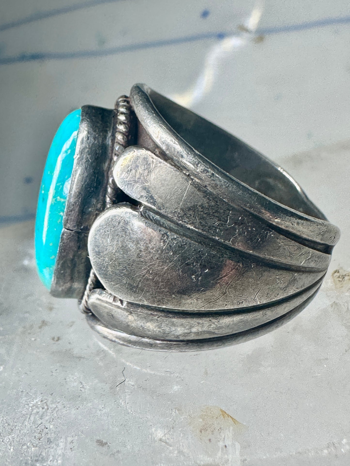 Turquoise ring Navajo Size 11.75 scalloped edge Sterling Silver women men