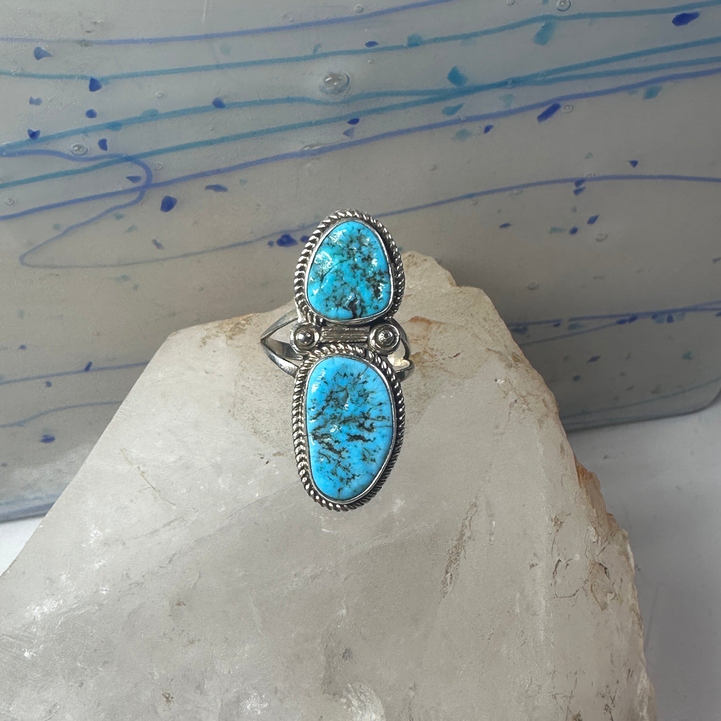 Long Navajo ring Turquoise rope design sterling silver size 8.25 women