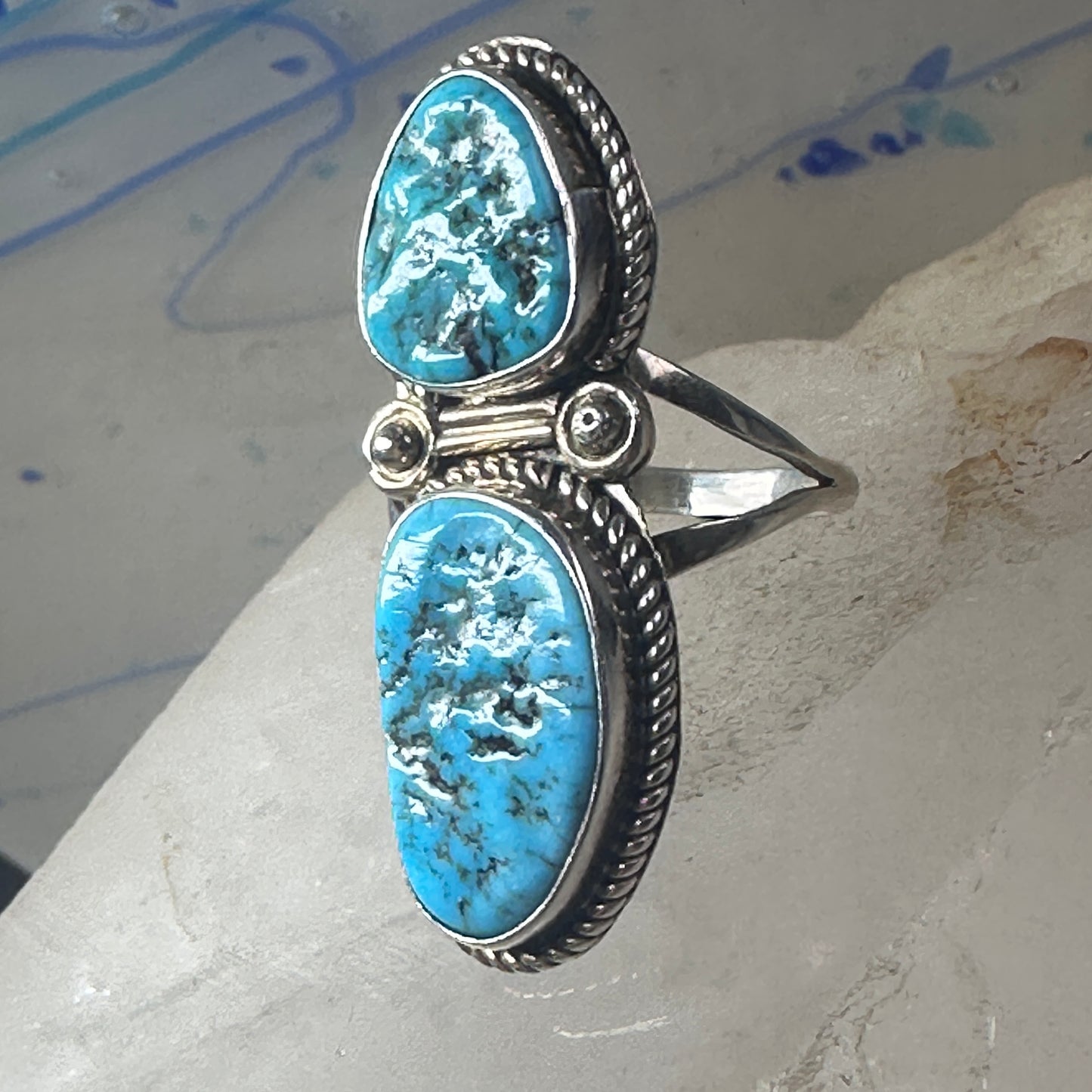 Long Navajo ring Turquoise rope design sterling silver size 8.25 women