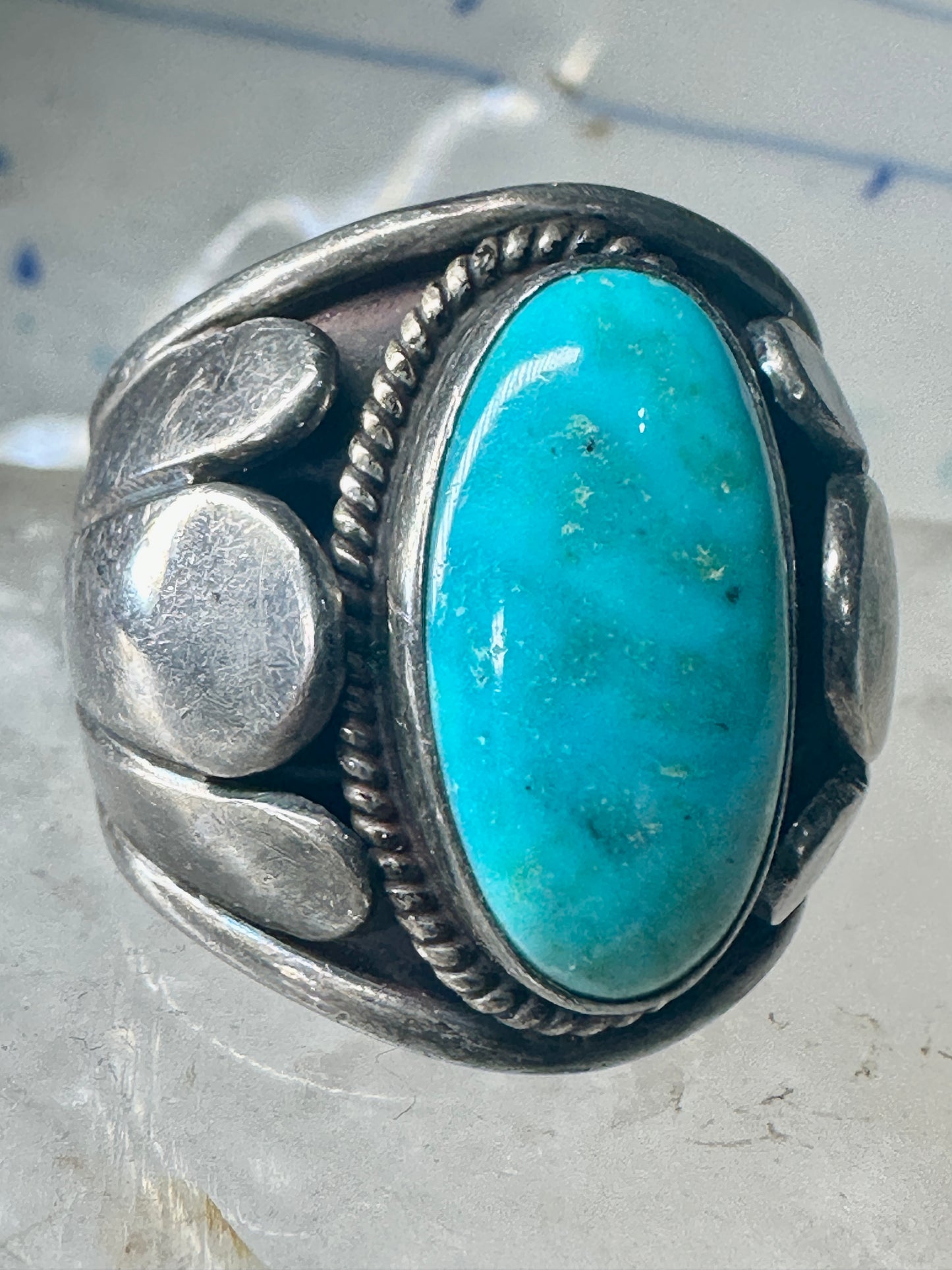 Turquoise ring Navajo Size 11.75 scalloped edge Sterling Silver women men