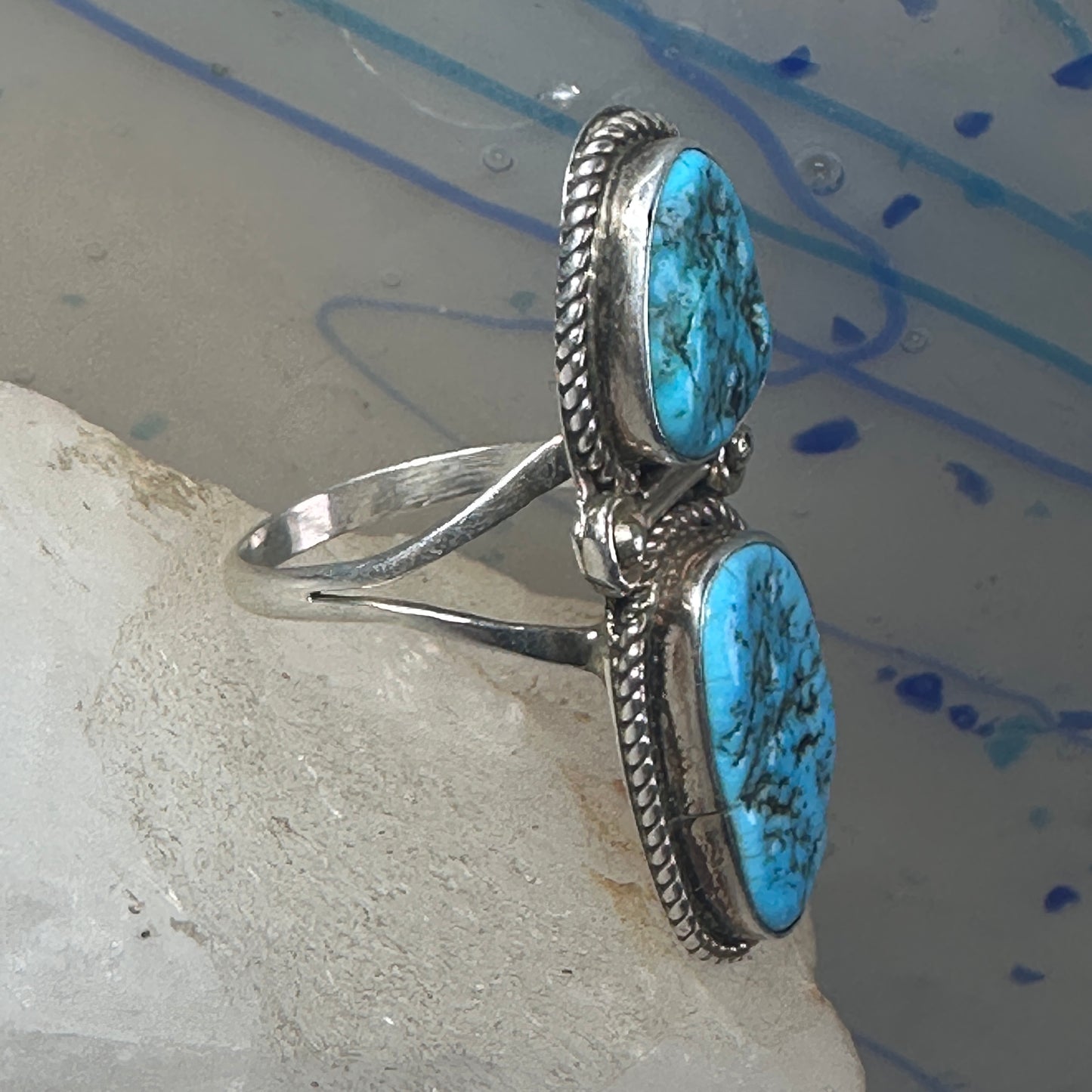 Long Navajo ring Turquoise rope design sterling silver size 8.25 women
