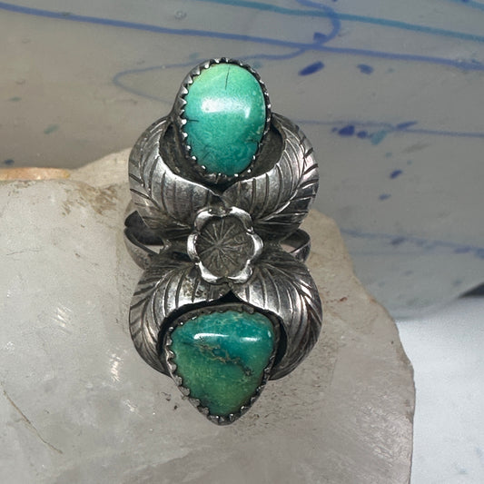 Long Navajo ring Green Turquoise size 7.25 leaves squash blossom sterling silver women