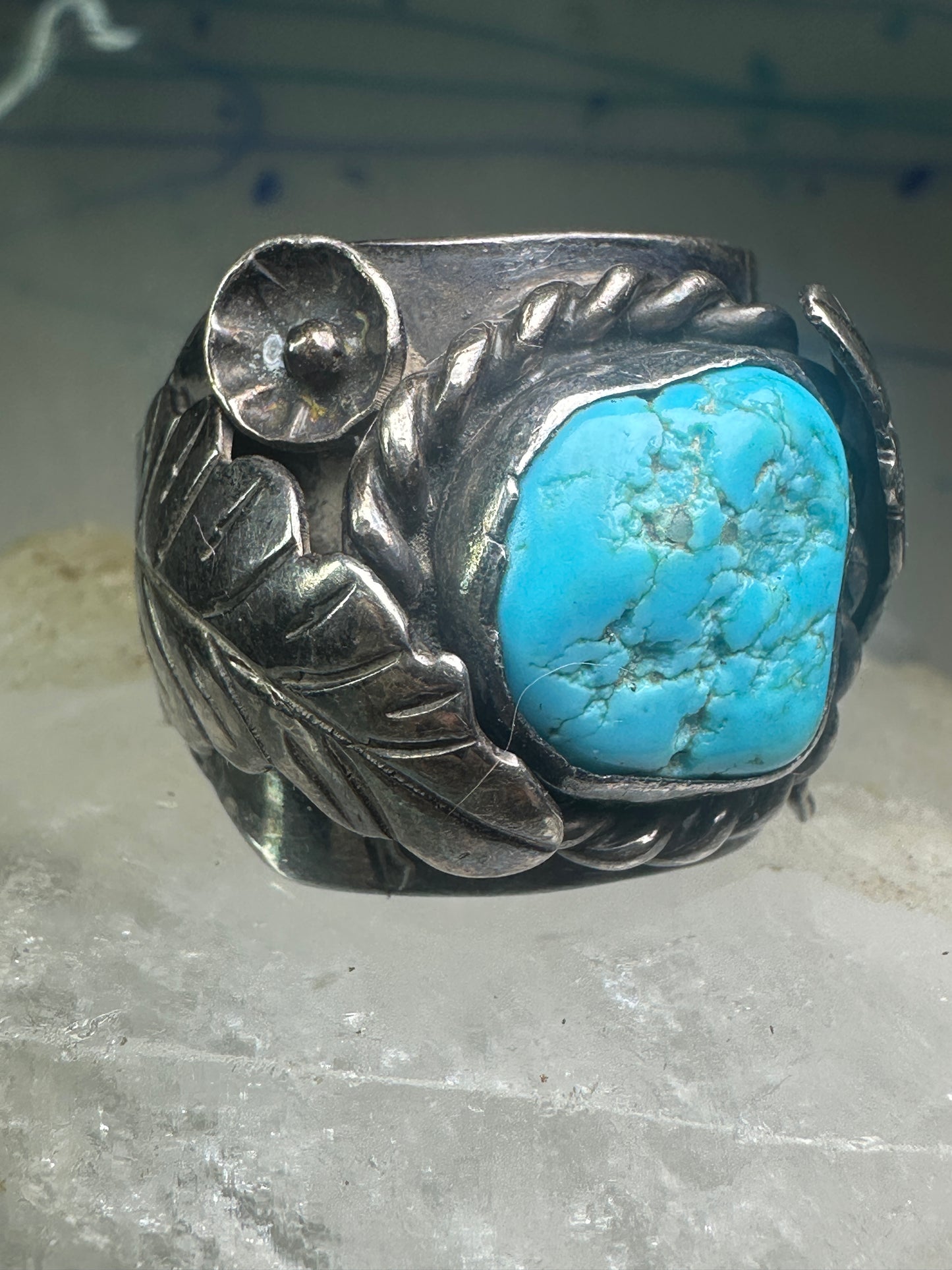 Navajo Turquoise Ring leaves cigar band size 11.75 sterling silver women men