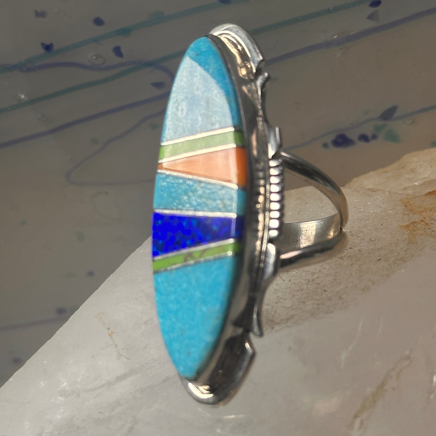 Long Zuni ring Turquoise size 7.75 Inlaid sterling silver women