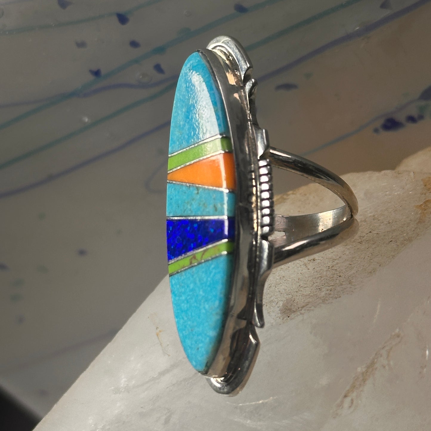 Long Zuni ring Turquoise size 7.75 Inlaid sterling silver women