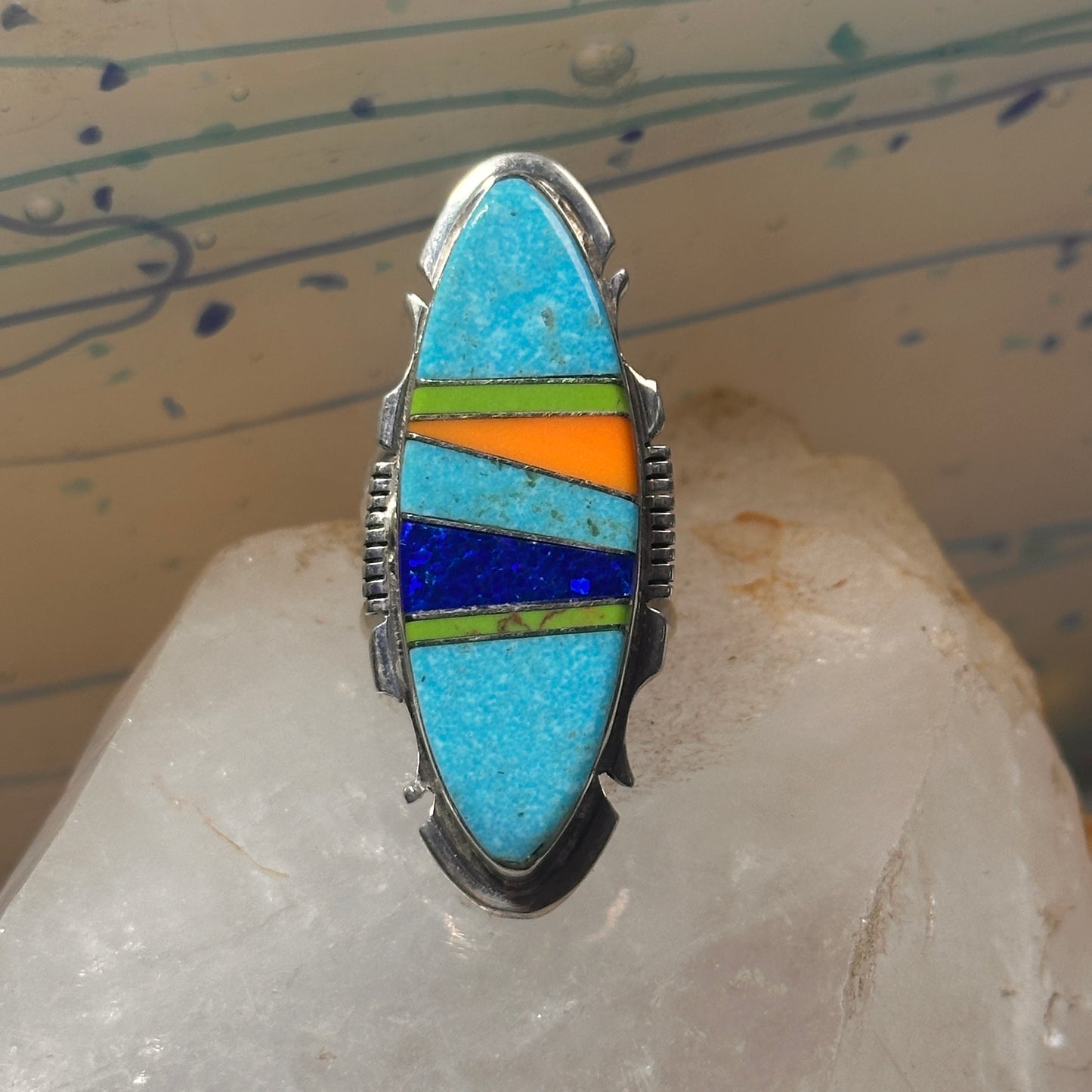 Long Zuni ring Turquoise size 7.75 Inlaid sterling silver women