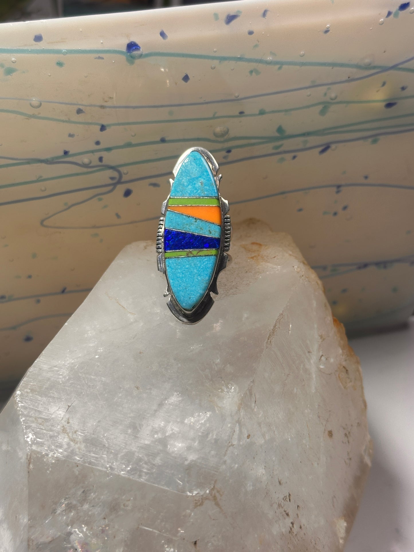 Long Zuni ring Turquoise size 7.75 Inlaid sterling silver women