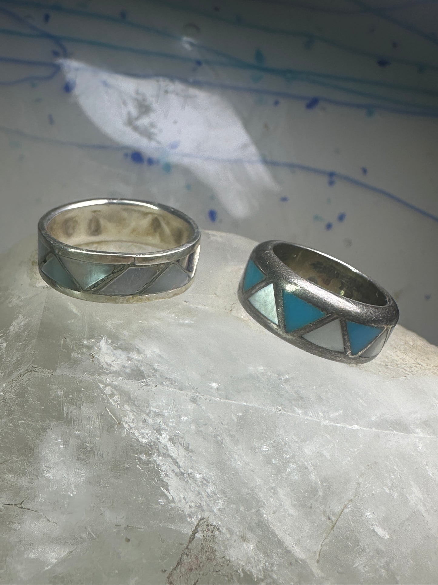 Vintage 2  Zuni rings turquoise Mother of Pearl size 5 SIze 9.5 band sterling silver AS IS