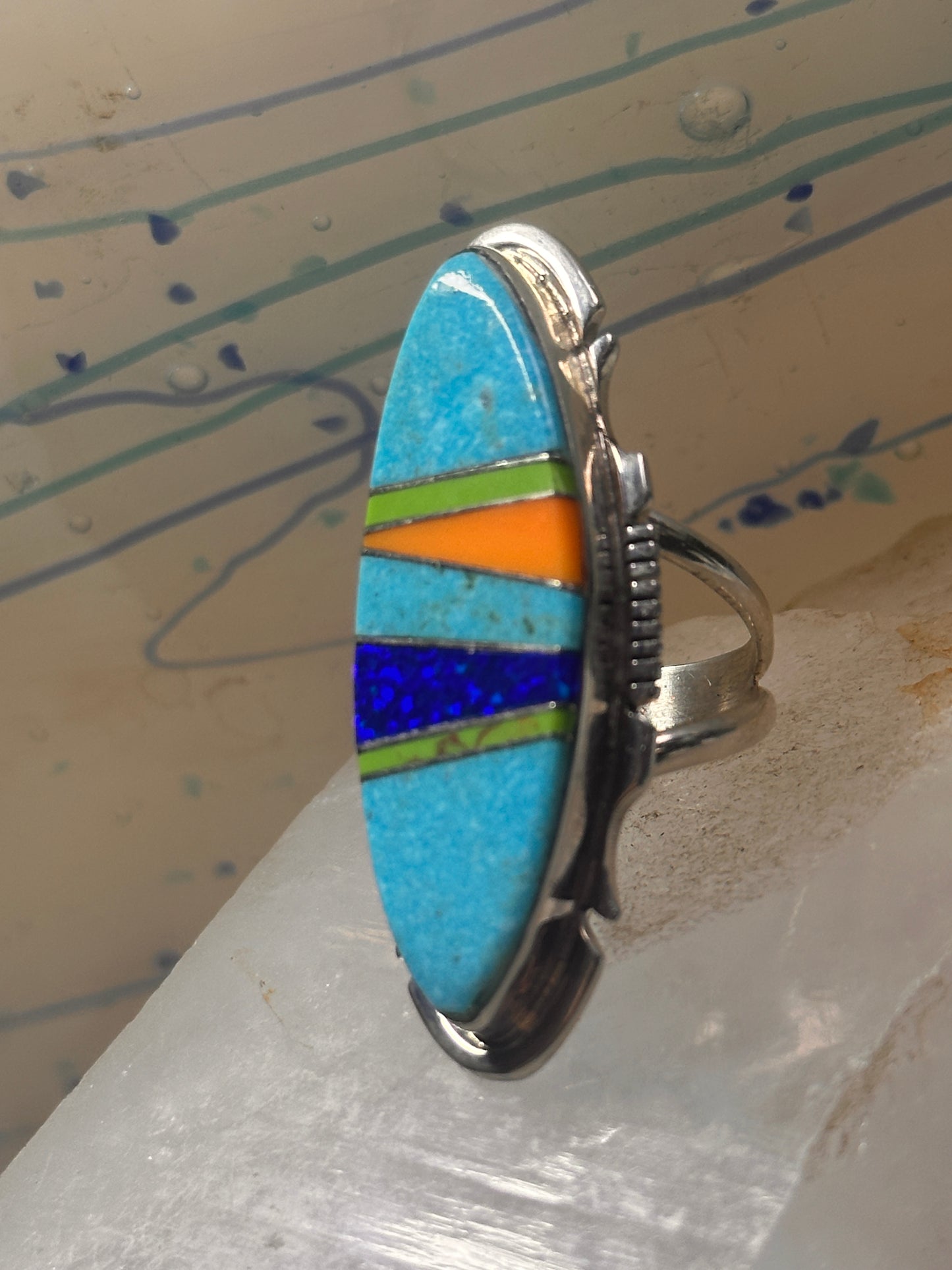 Long Zuni ring Turquoise size 7.75 Inlaid sterling silver women