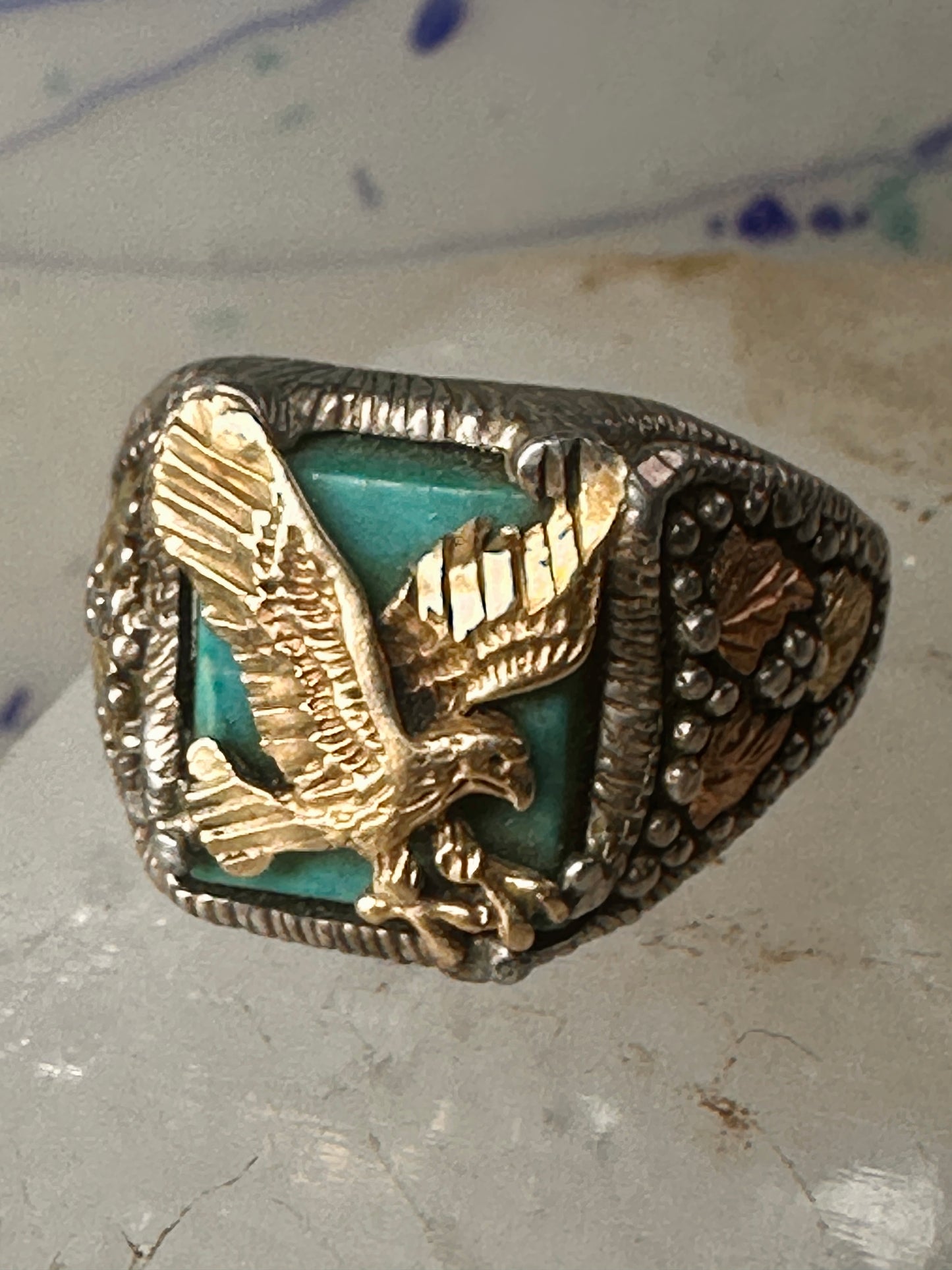 Eagle ring Black Hills Gold Turquoise size 10.25 Inlaid sterling silver men women