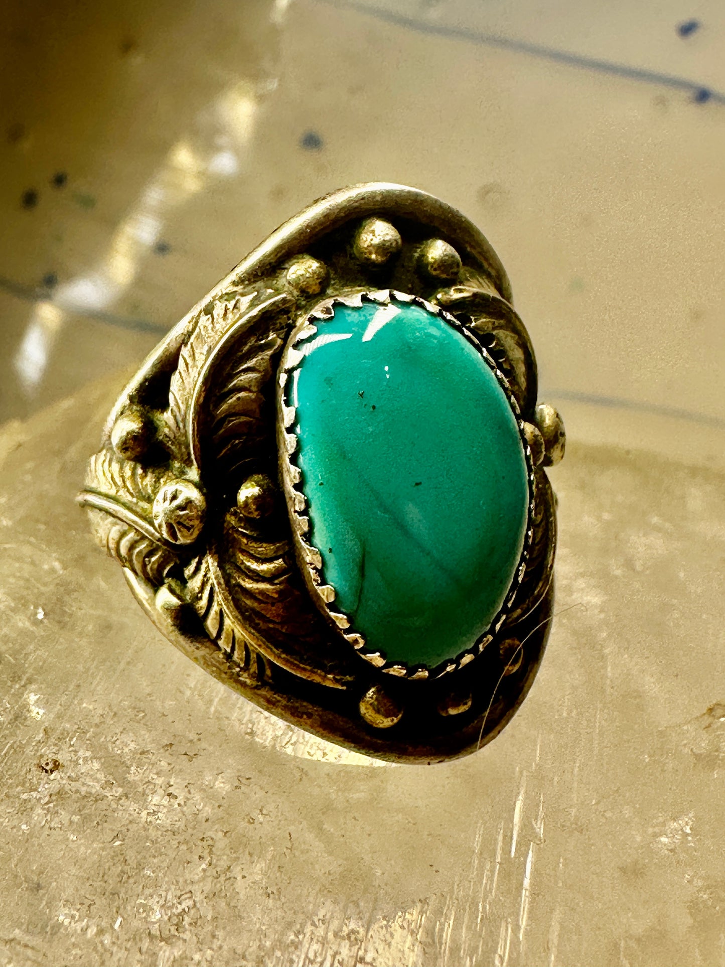 Turquoise ring Navajo Size 11 Leaves Sterling Silver women men