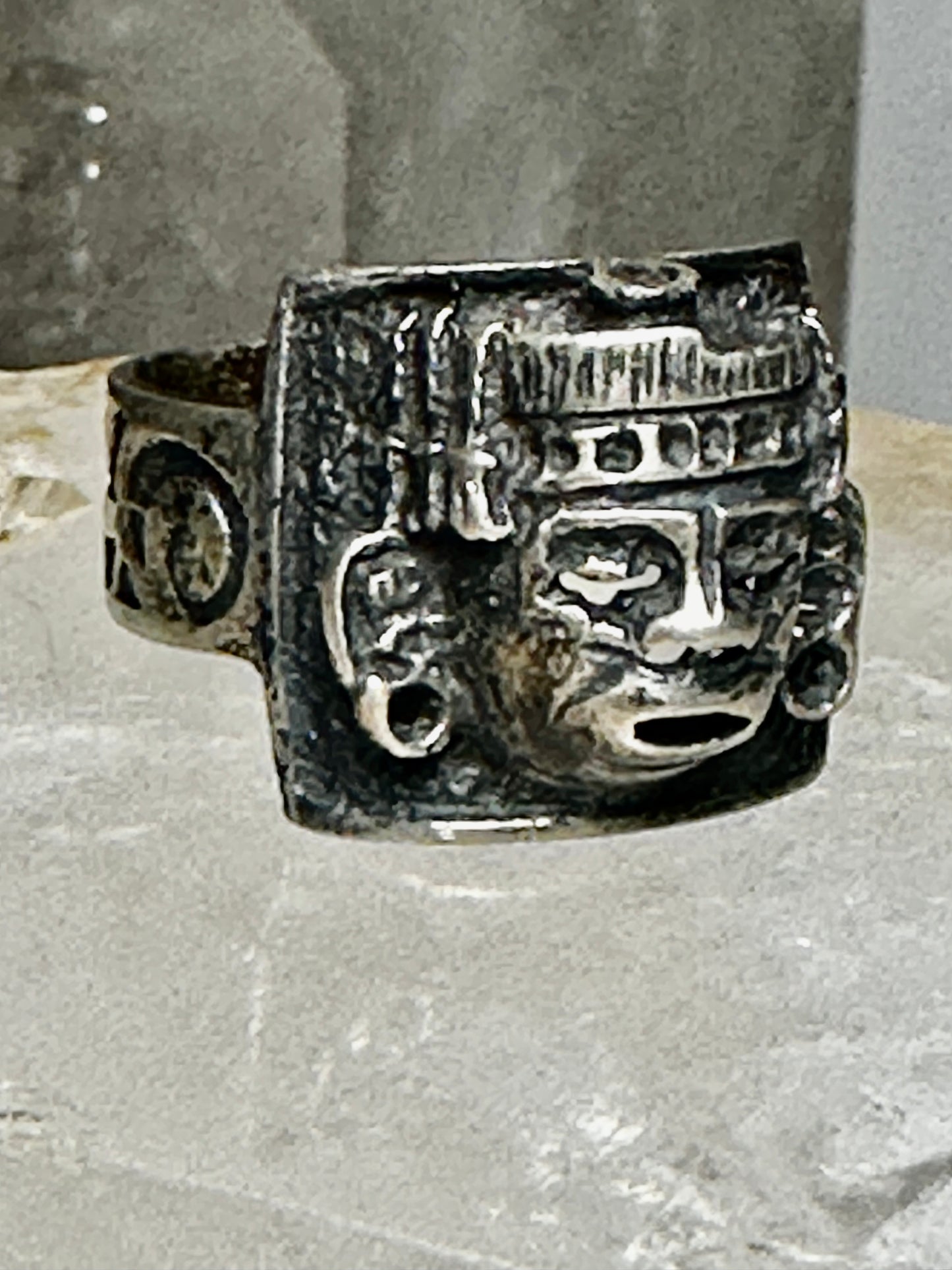 Aztec Face ring Mexican signed JM sterling silver size 9 women men