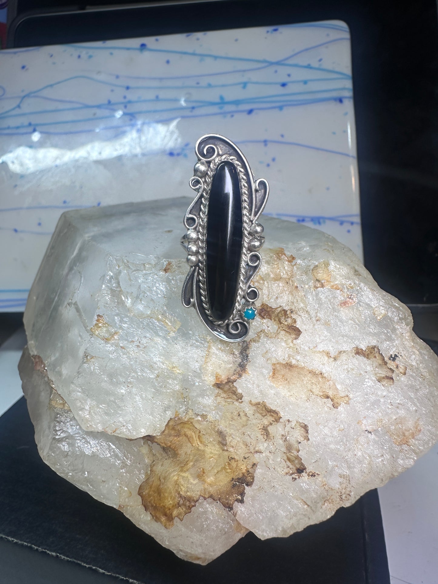 Navajo ring long onyx size 6 sterling silver women girls