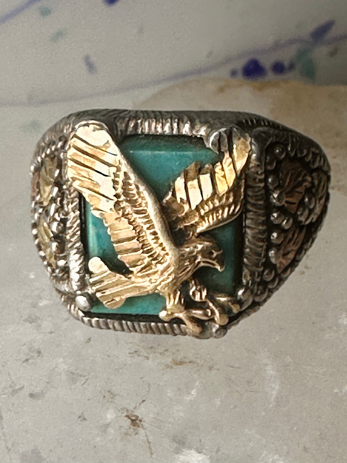 Eagle ring Black Hills Gold Turquoise size 10.25 Inlaid sterling silver men women