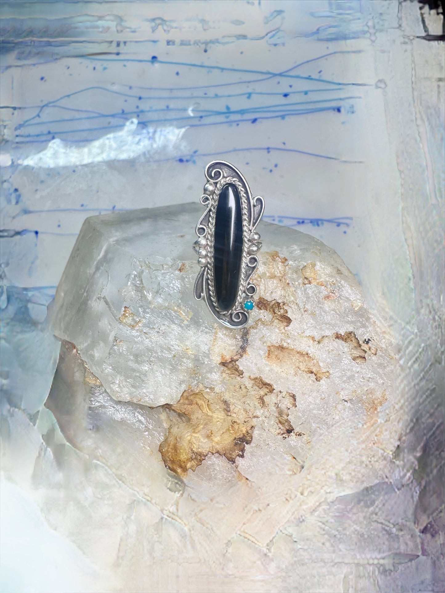 Navajo ring long onyx size 6 sterling silver women girls