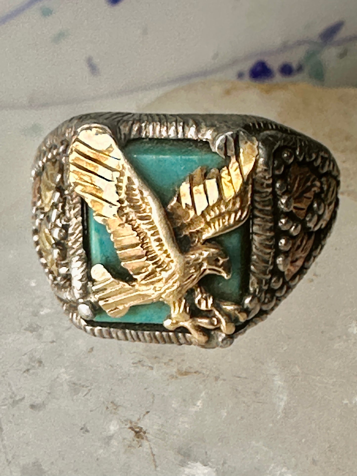 Eagle ring Black Hills Gold Turquoise size 10.25 Inlaid sterling silver men women